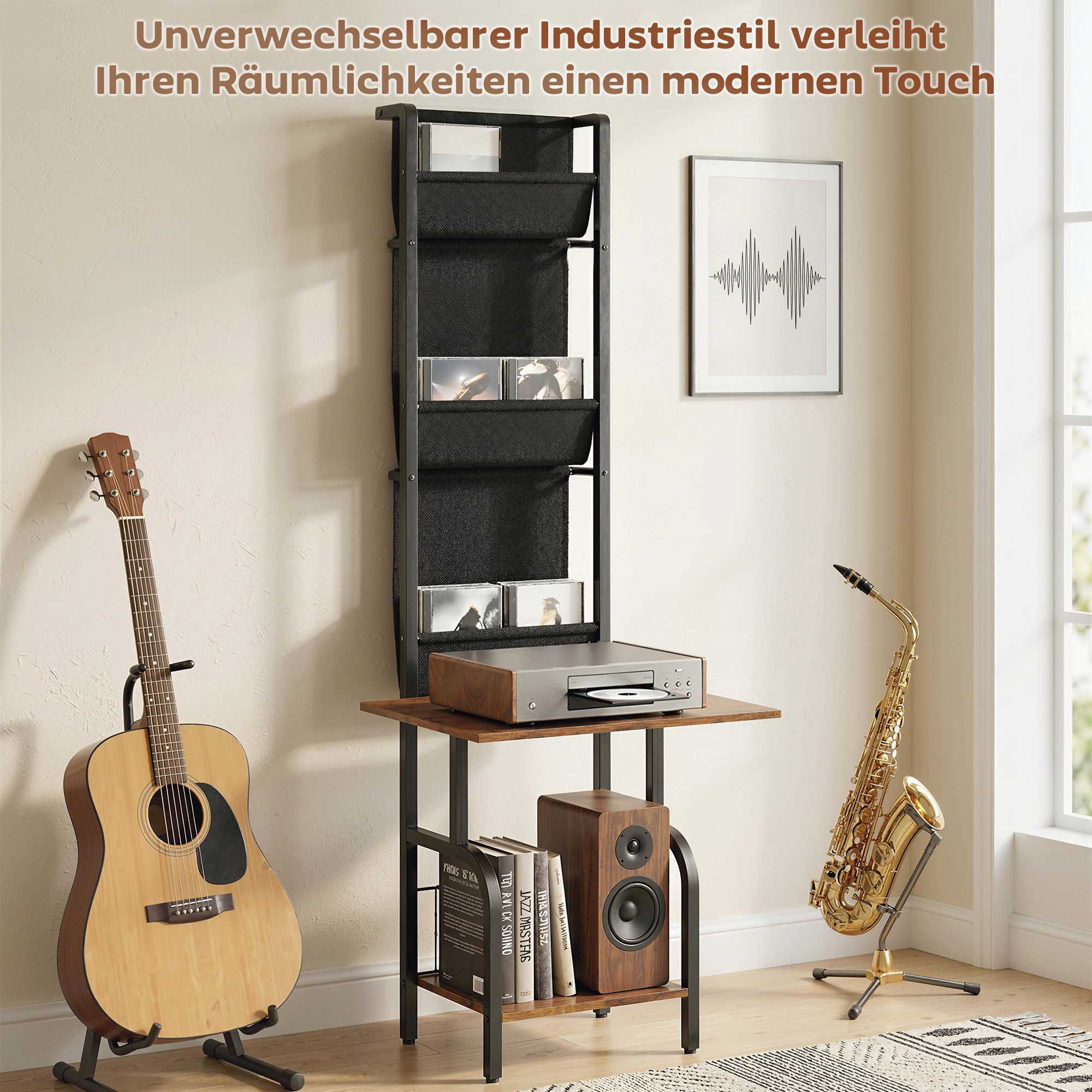 Industriell CD-hylla med 3 tygfickor, rustik brun
