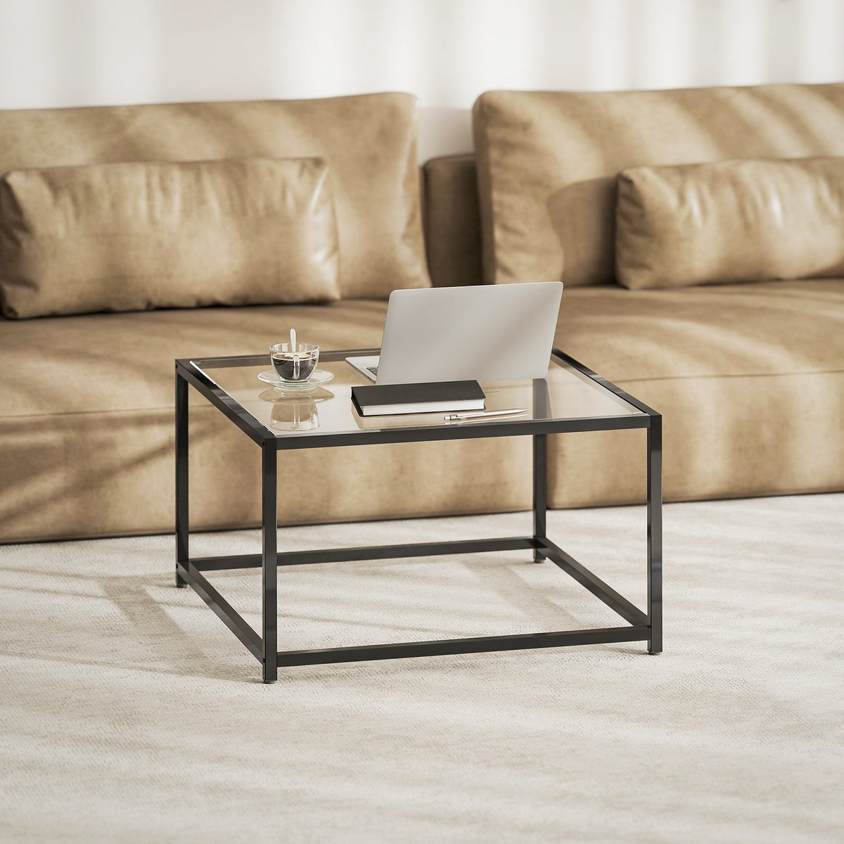 Industriellt soffbord, härdat glas & stål, 68x68 cm
