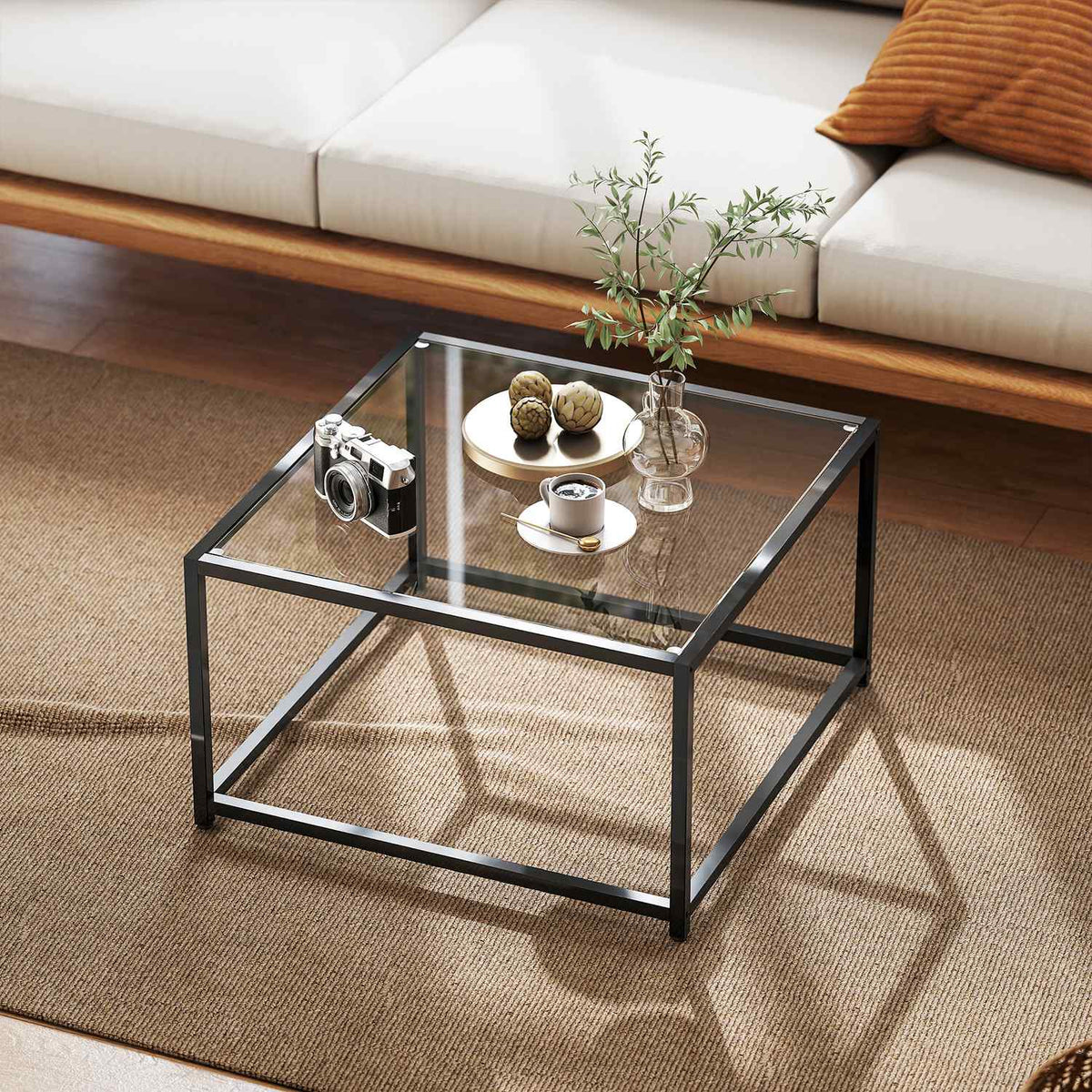 Industriellt soffbord, härdat glas & stål, 68x68 cm