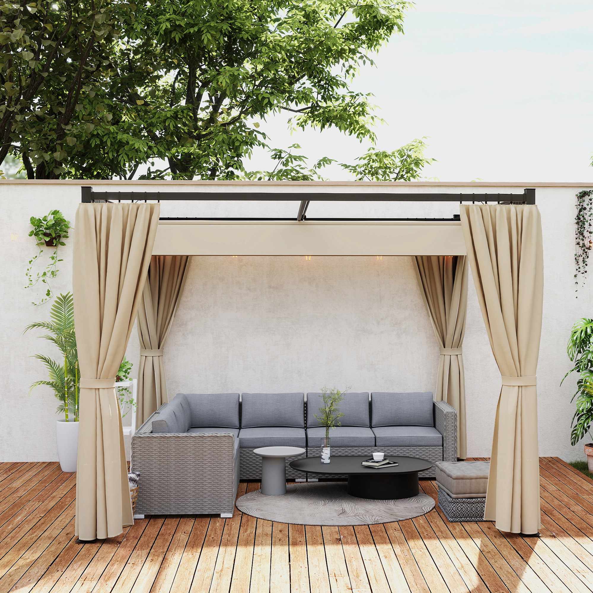 Infällbar fristående terrasstak, metallram, beige