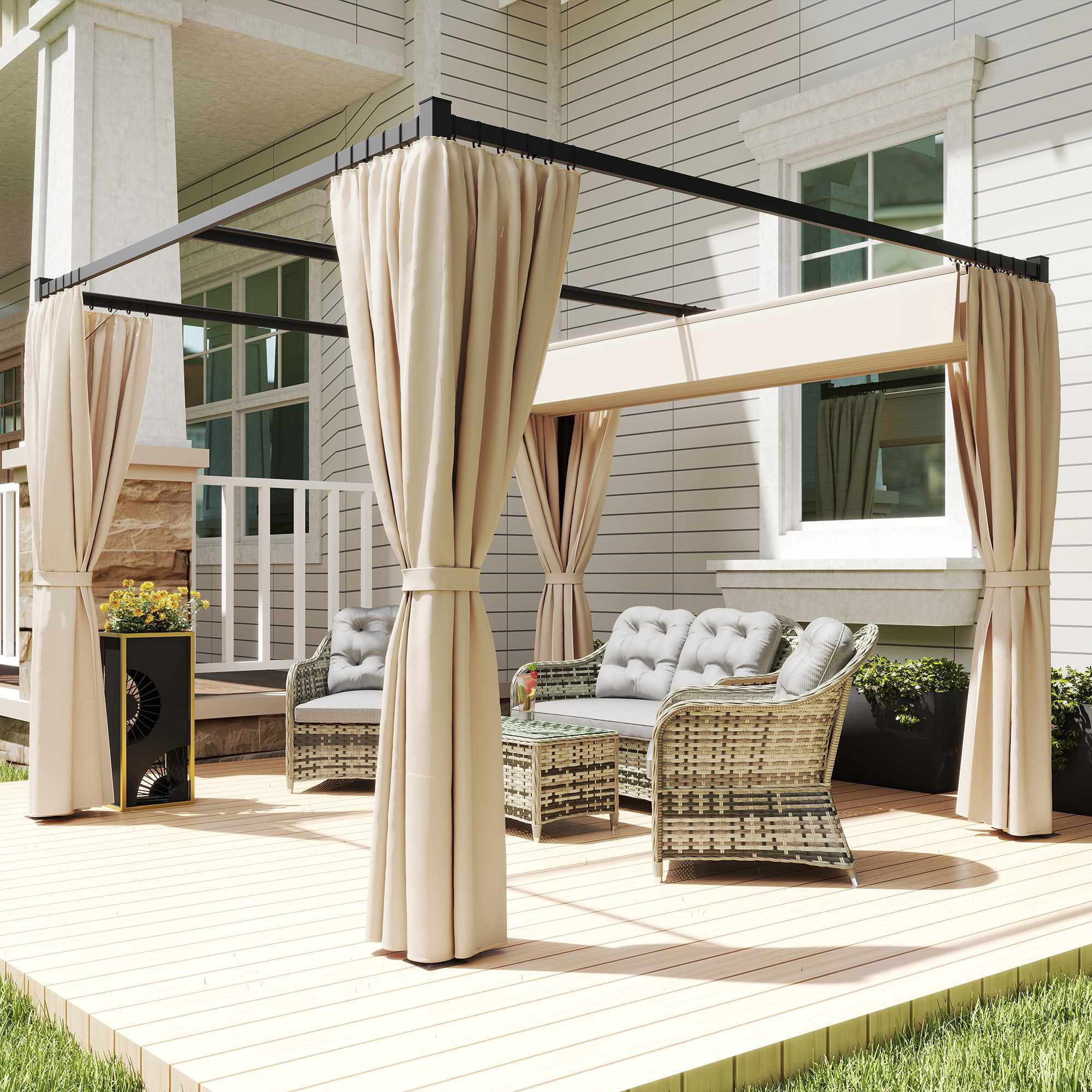 Infällbar fristående terrasstak, metallram, beige