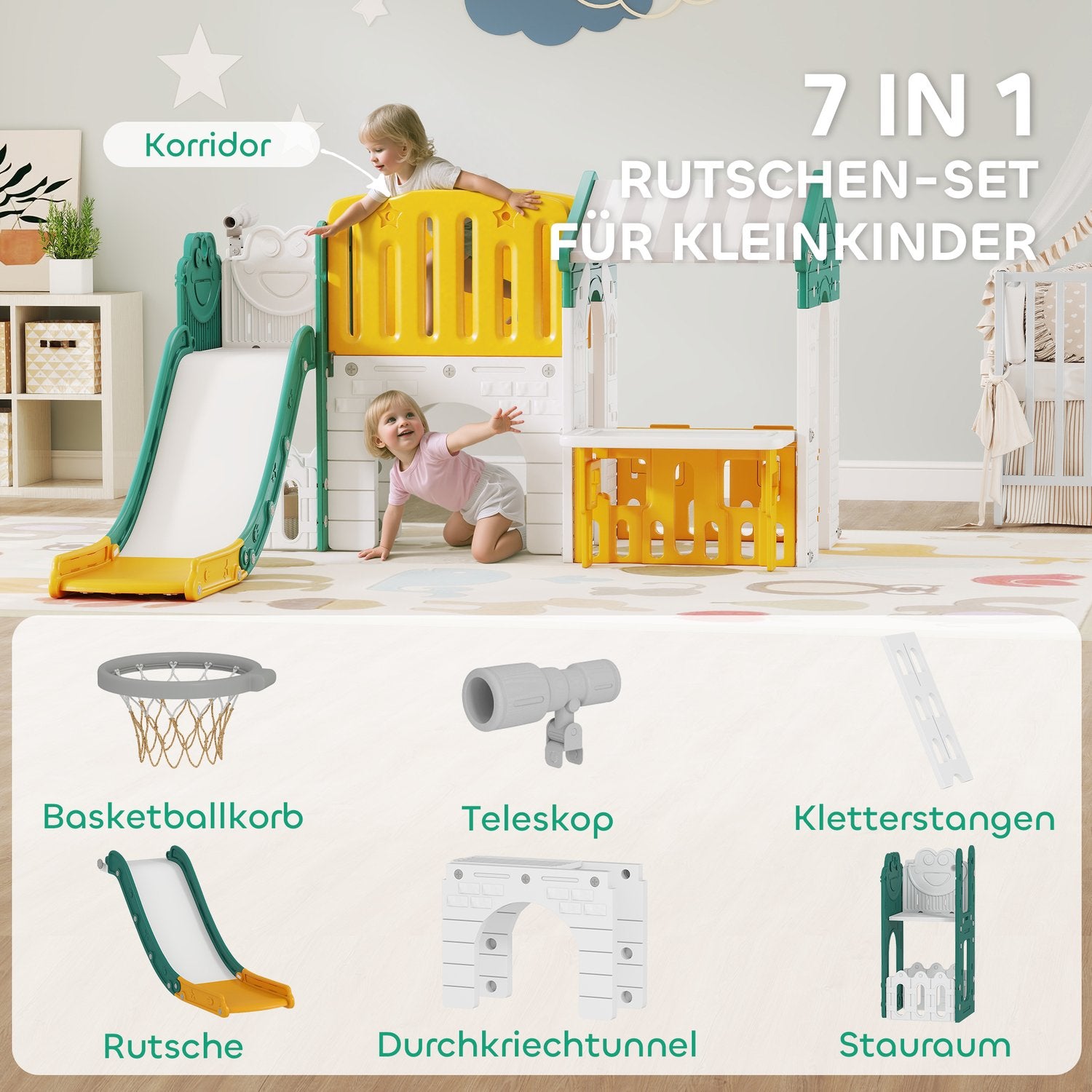 Inomhus 7-i-1 rutschkana och lekset, åldrar 1-4, gul/grön