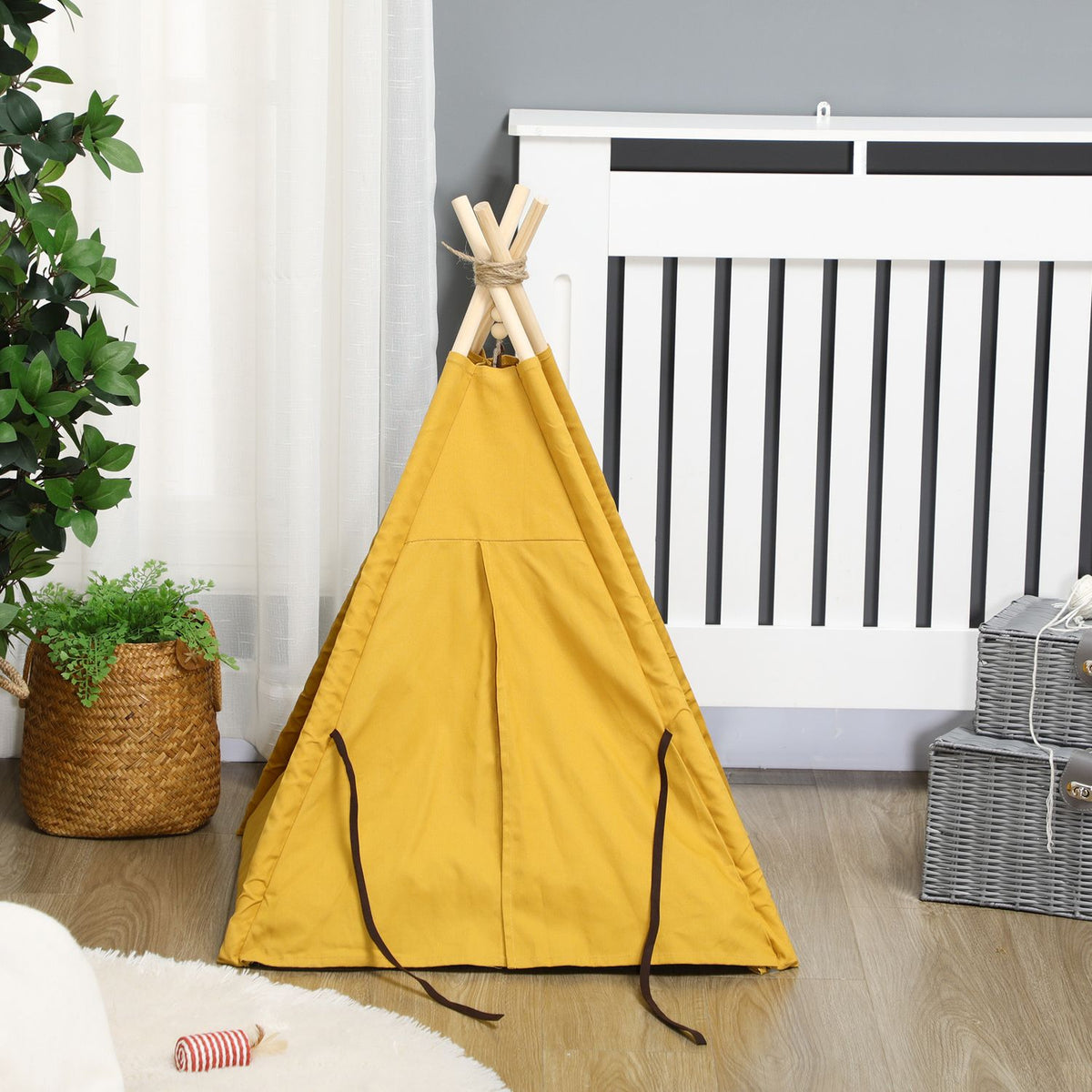 Inomhus katt & hund Tipi tältsäng, furu, gul kudde