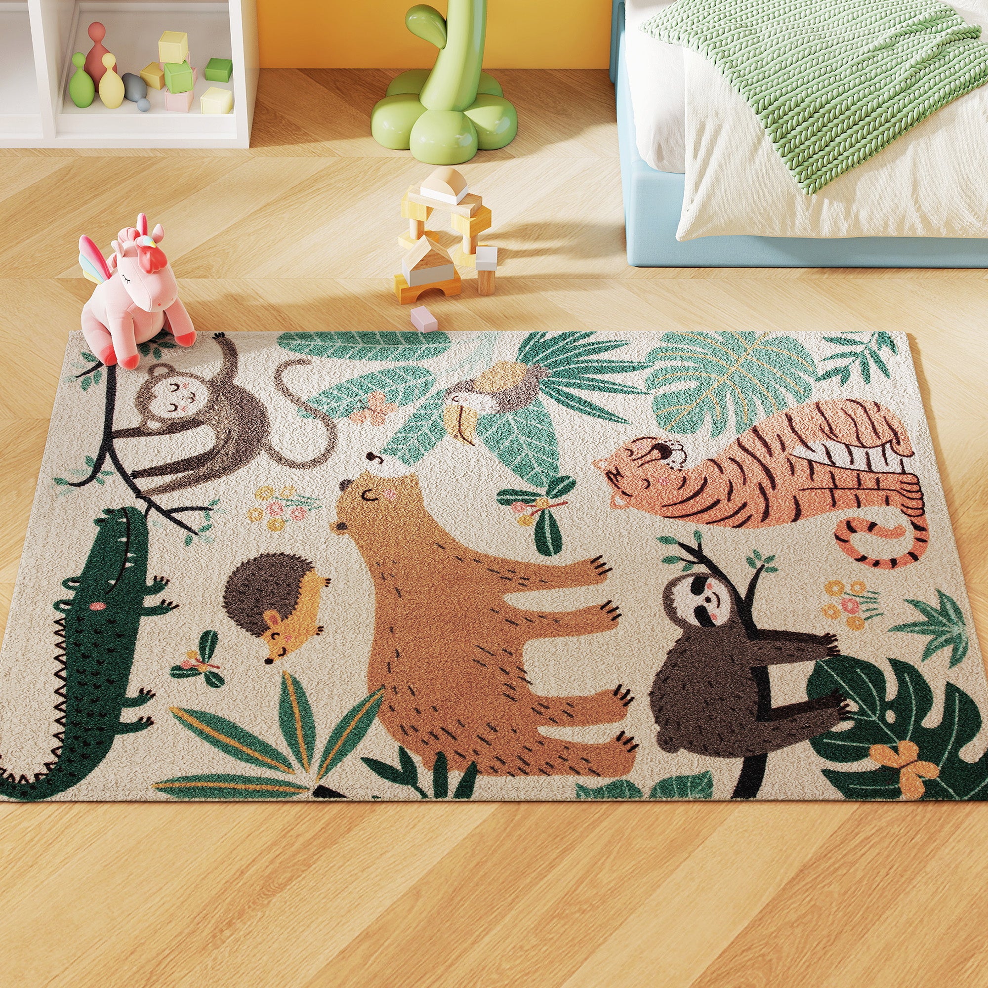 Jungle Pattern Fleece Matta, Halkfri, Cream & Multicolor