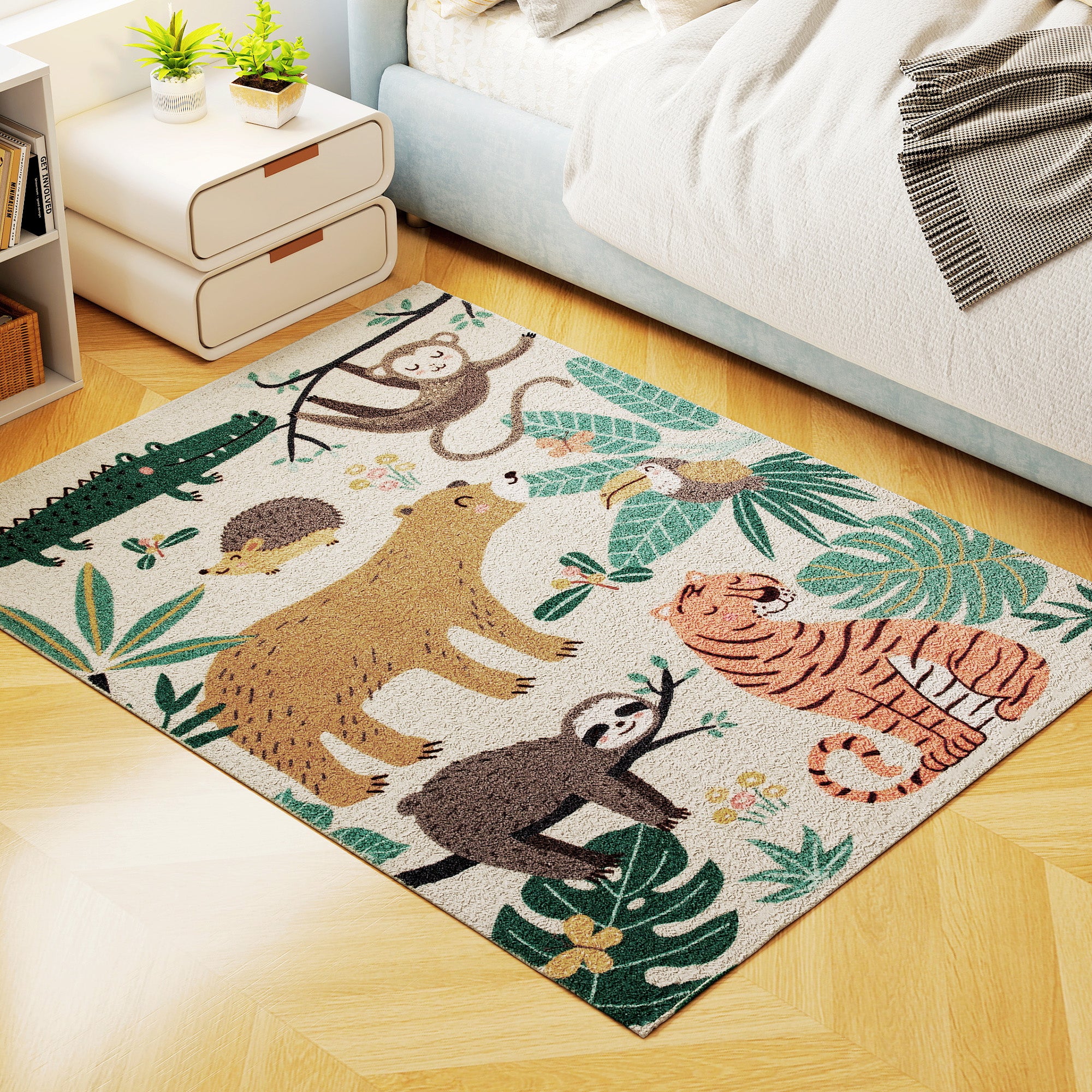 Jungle Pattern Fleece Matta, Halkfri, Cream & Multicolor