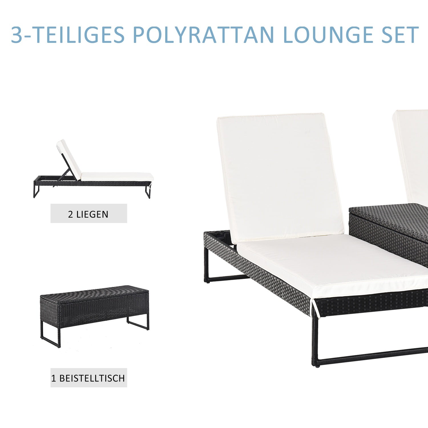Justerbar 3-delad solstolsset med bord – rotting & metall
