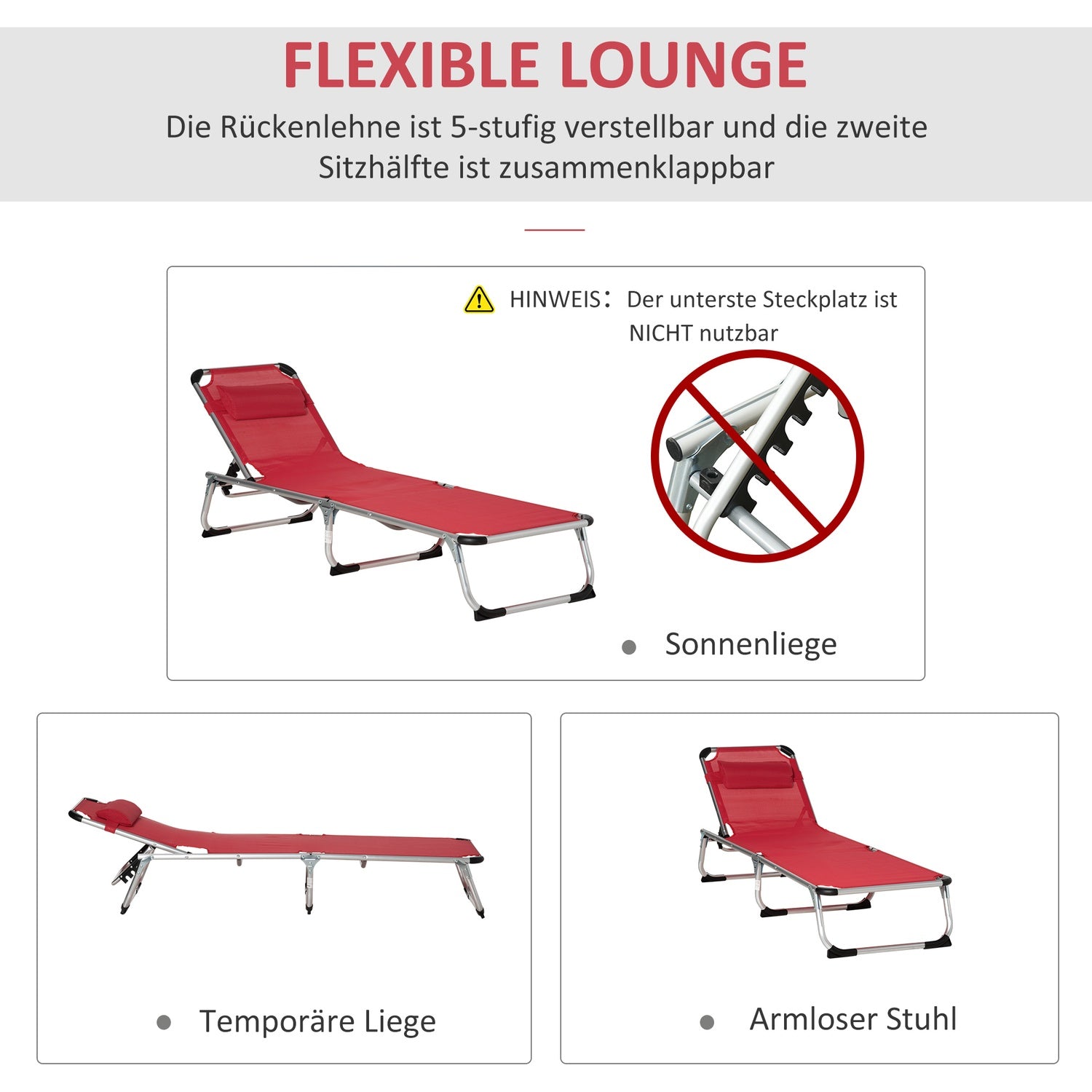 Justerbar Ergonomisk Solstol i Mesh, hopfällbar, Röd