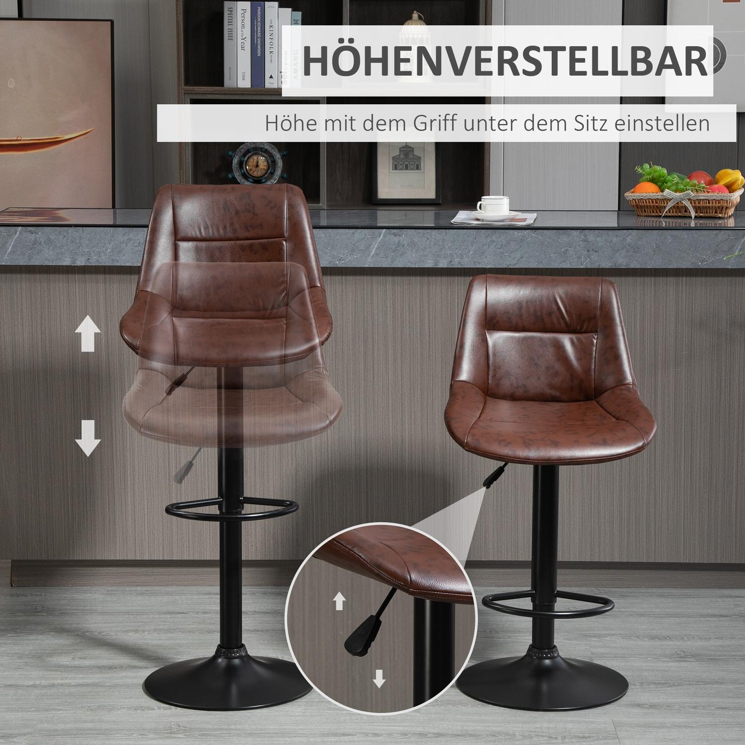 Justerbara barstolar i brunt konstläder med ryggstöd, set om 2