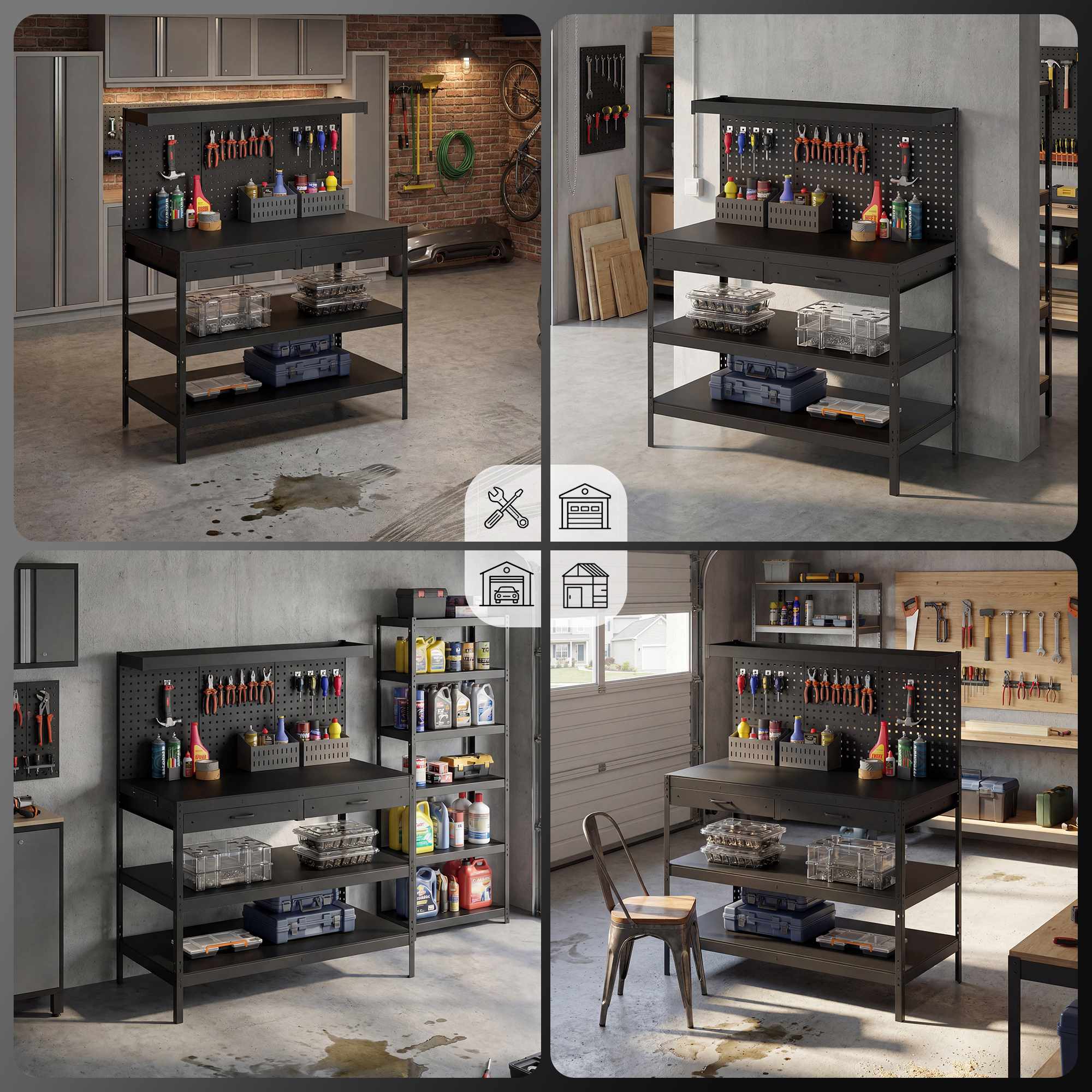 Justerbar arbetsbänk med hylsplatta och hyllplan, svart, 122x61x156 cm