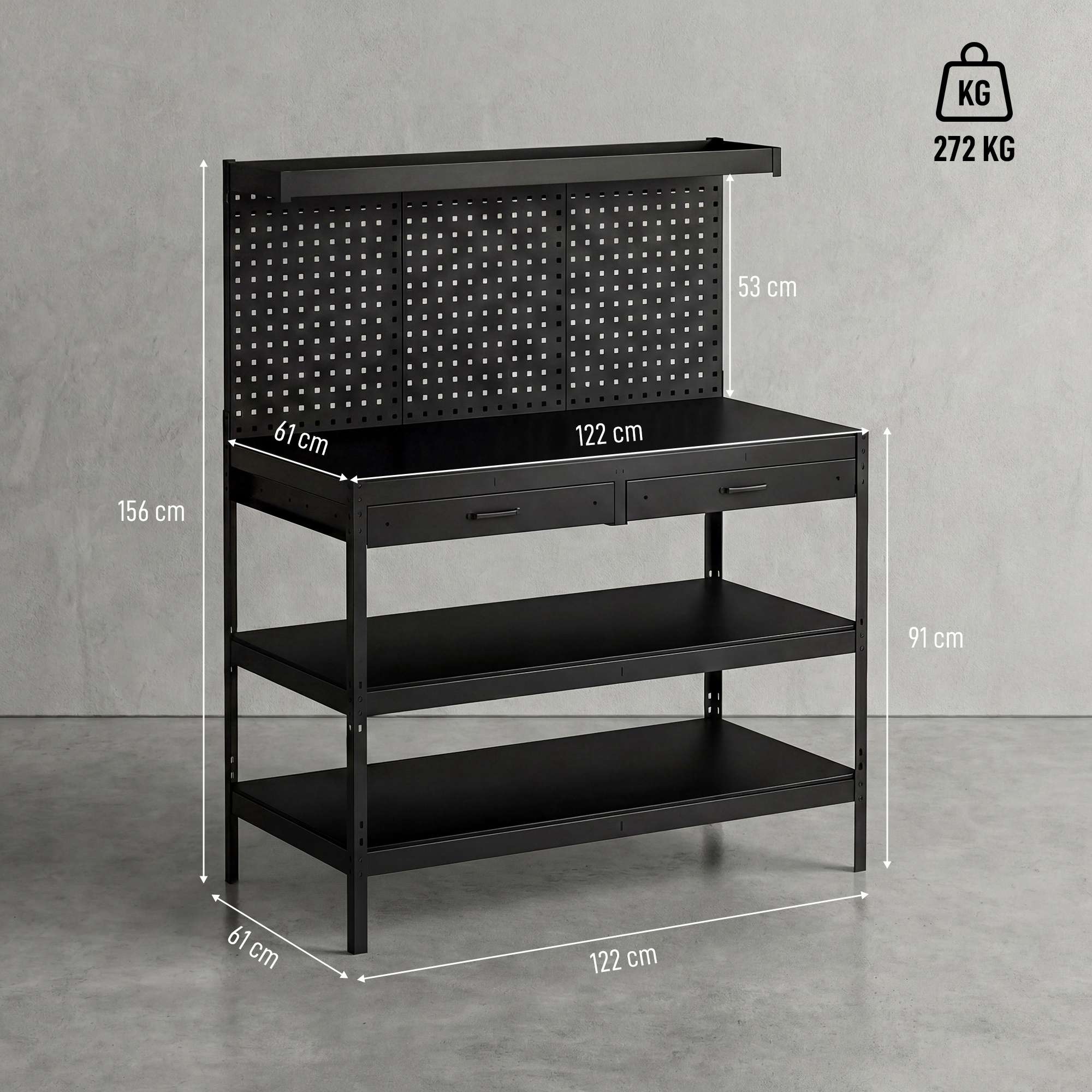 Justerbar arbetsbänk med hylsplatta och hyllplan, svart, 122x61x156 cm