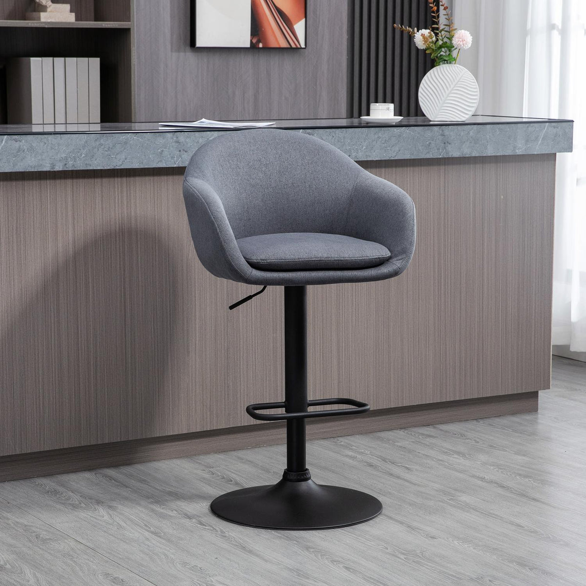 Tabouret de bar réglable, pivotant 360°, aspect lin, gris foncé