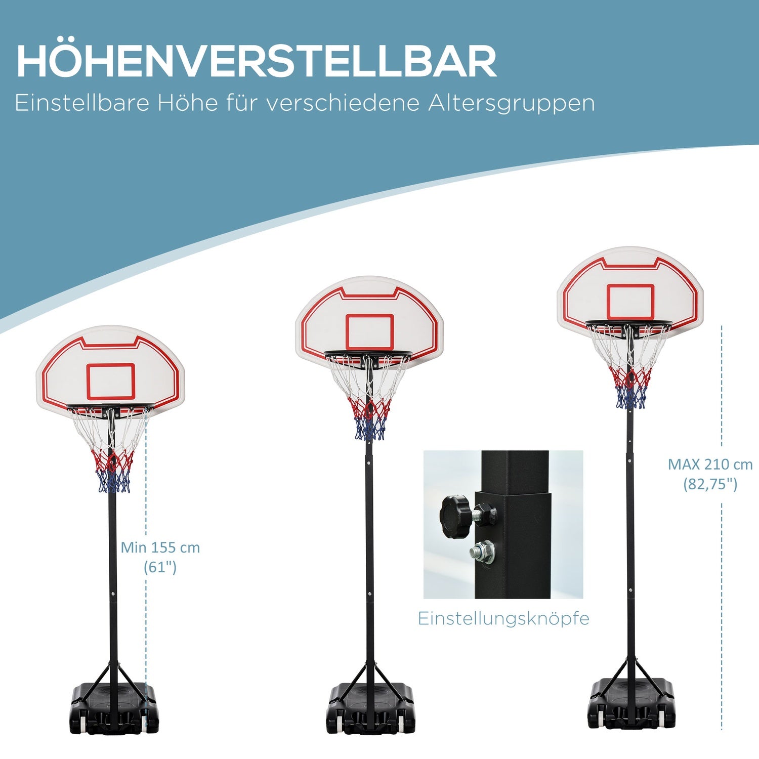 Justerbar basketbåge för barn, 194-249 cm, svart