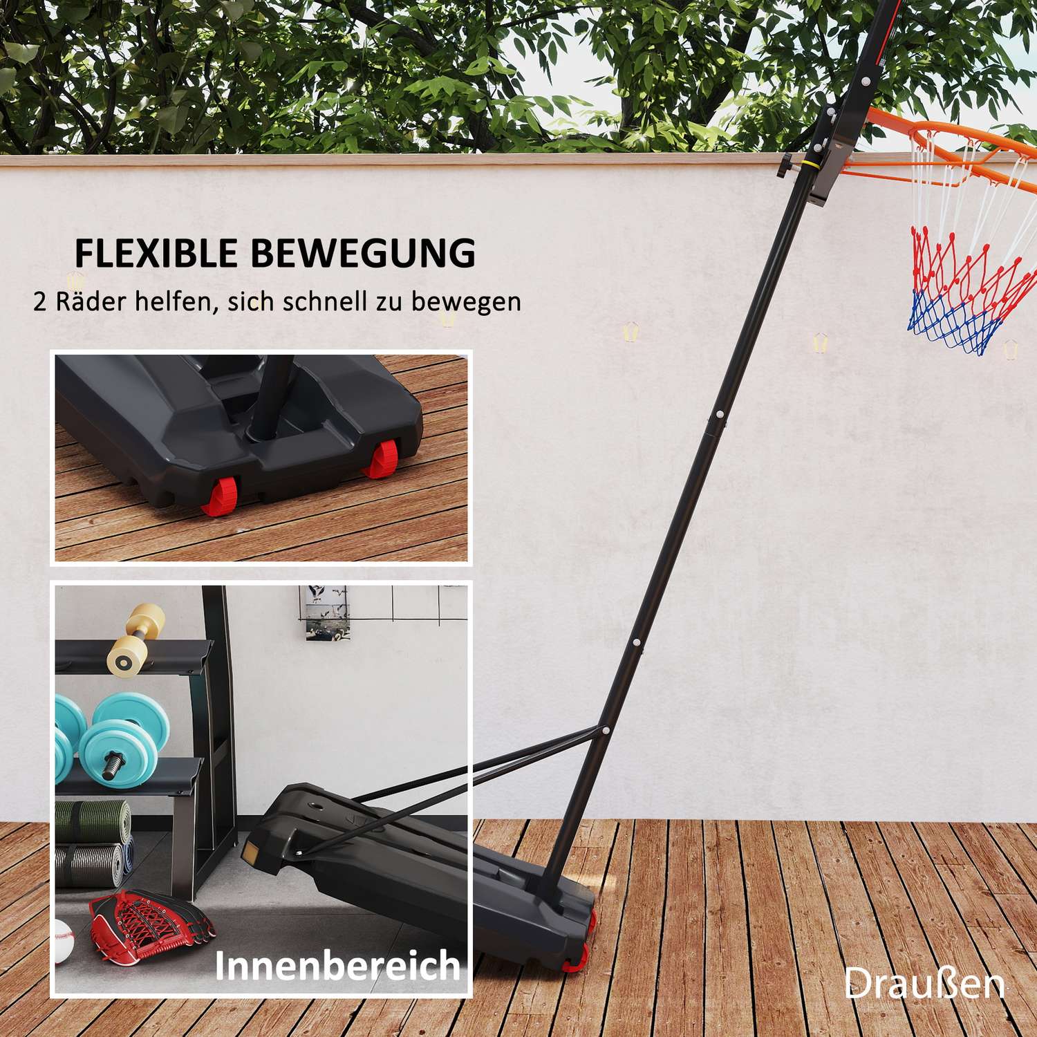 Justerbar basketbåge för barn, 210-260 cm, med hjul