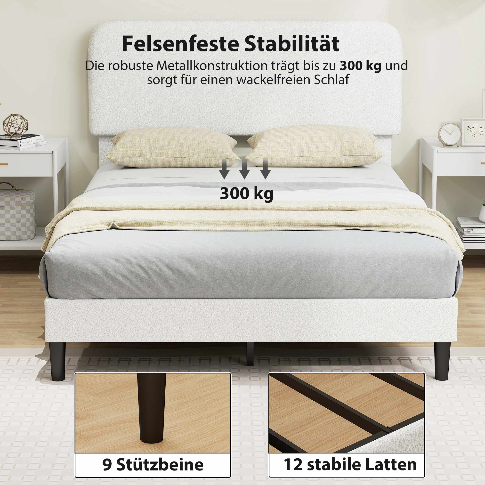 Justerbar dubbelsängram med huvudgavel i teddyfleece
