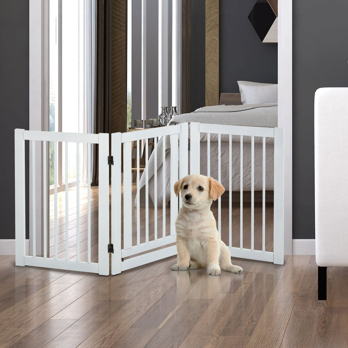 Verstellbares freistehendes Hundegitter aus Holz, klappbar, weiss