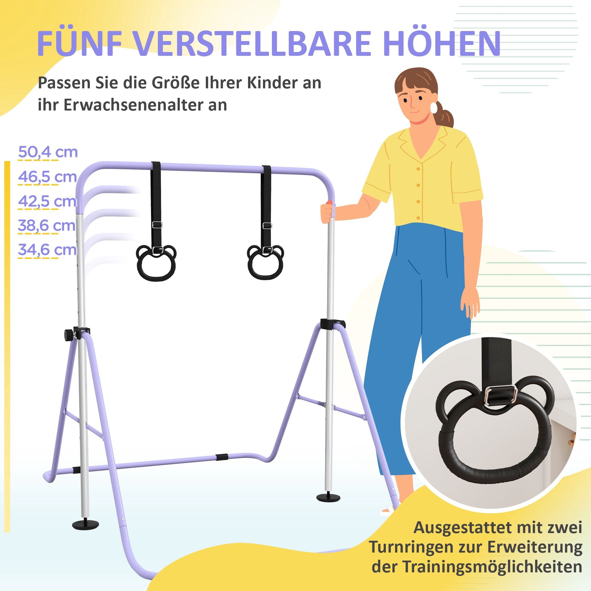 Justerbar gymnastikstång för barn med ringar, hopfällbar stålram