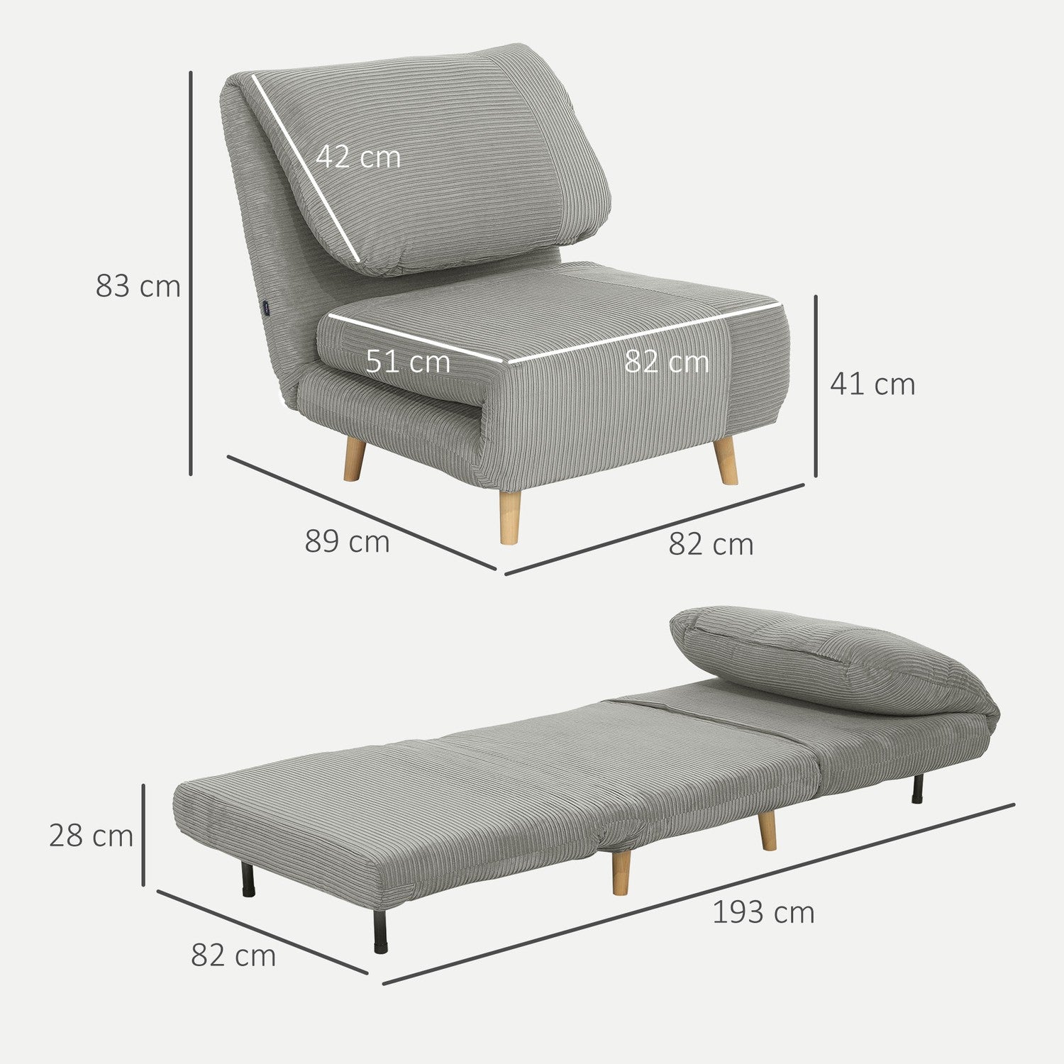 Justerbar hopfällbar bäddsoffa – Corduroy Look, Grå, 82x89x83 cm