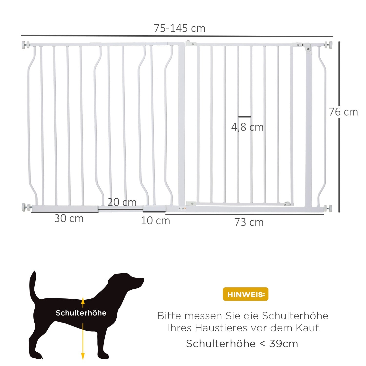 Justerbar hundgrind, borrfri installation, tvåvägsöppning, 75-145 cm