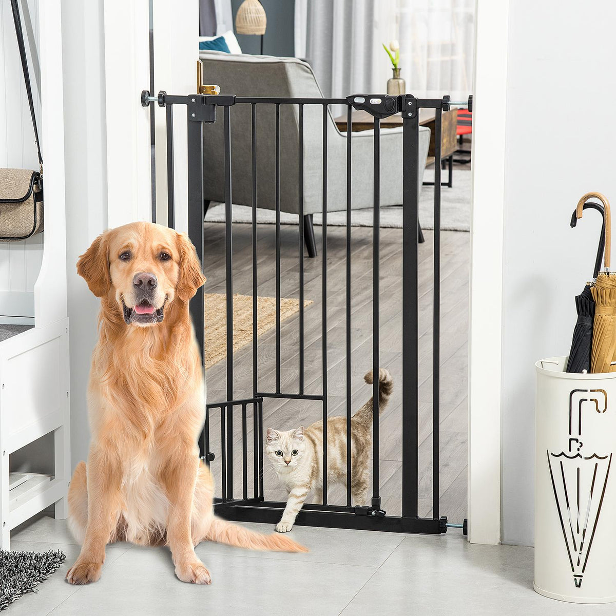 Barrière pour chien réglable avec verrouillage automatique | 74-80x104cm, sans perçage, noir