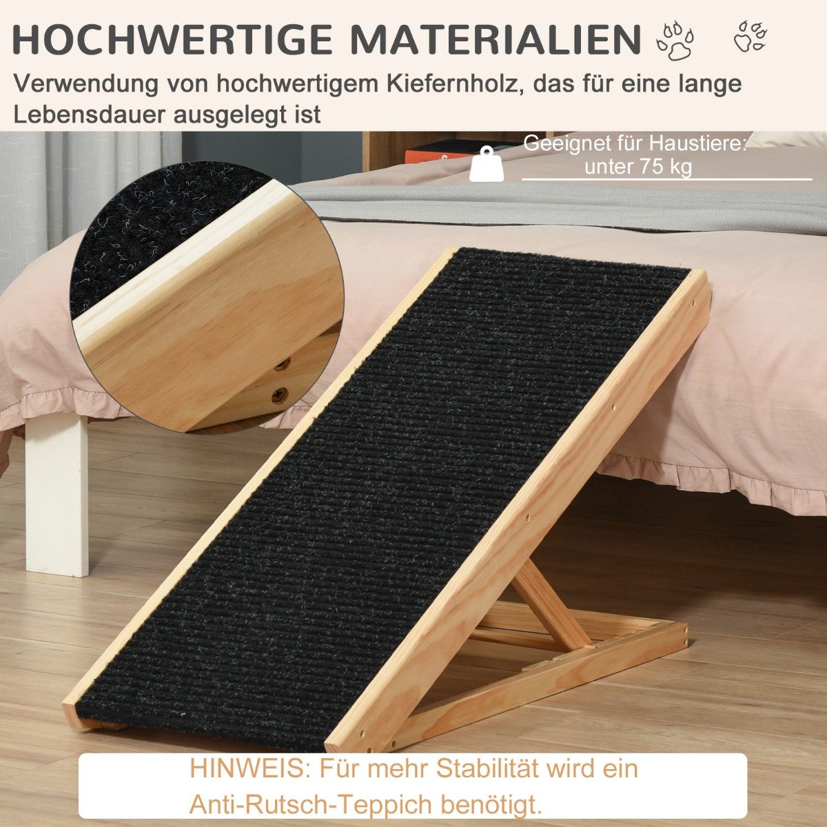 Justerbar hundramp med halkfri matta, furu, 90x40x61cm