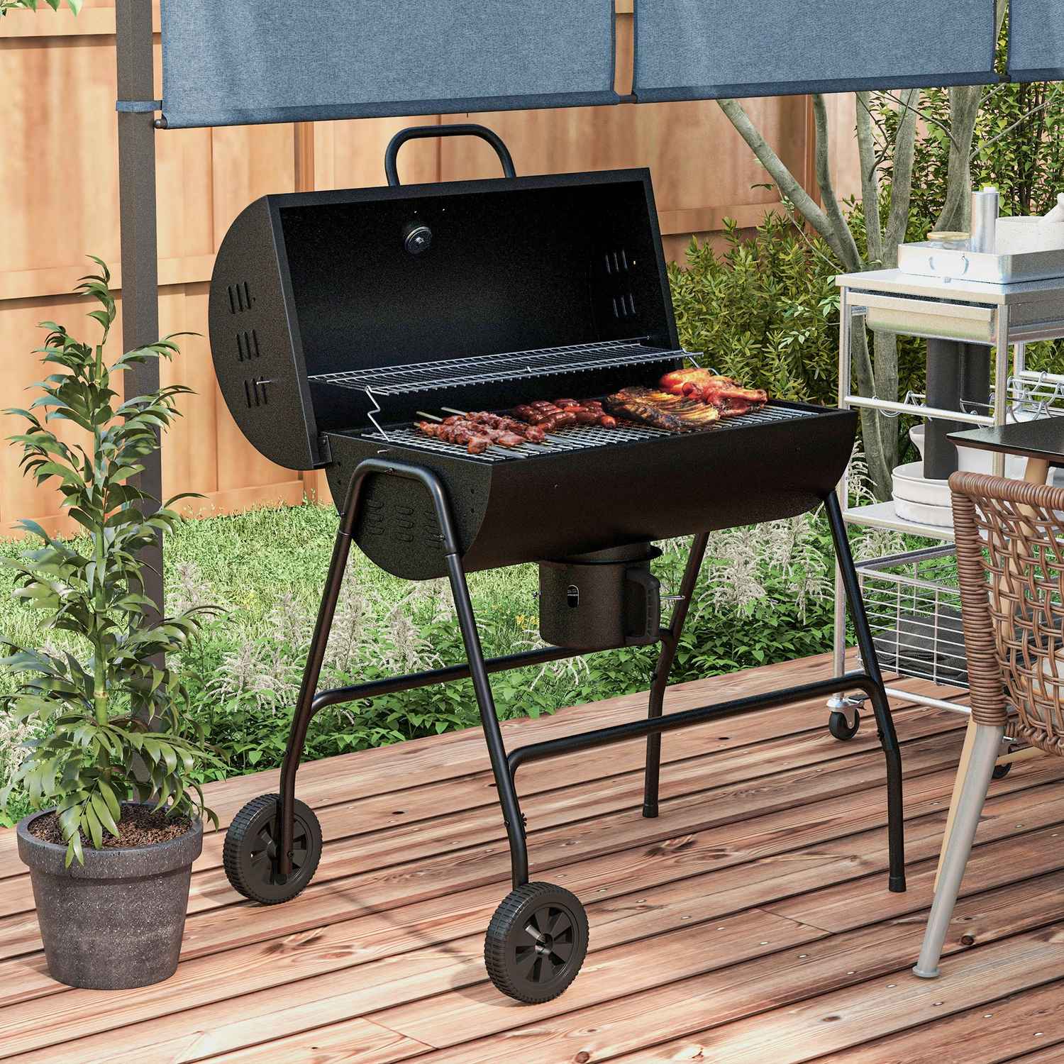 Justerbar kolgrill med termometer och hjul