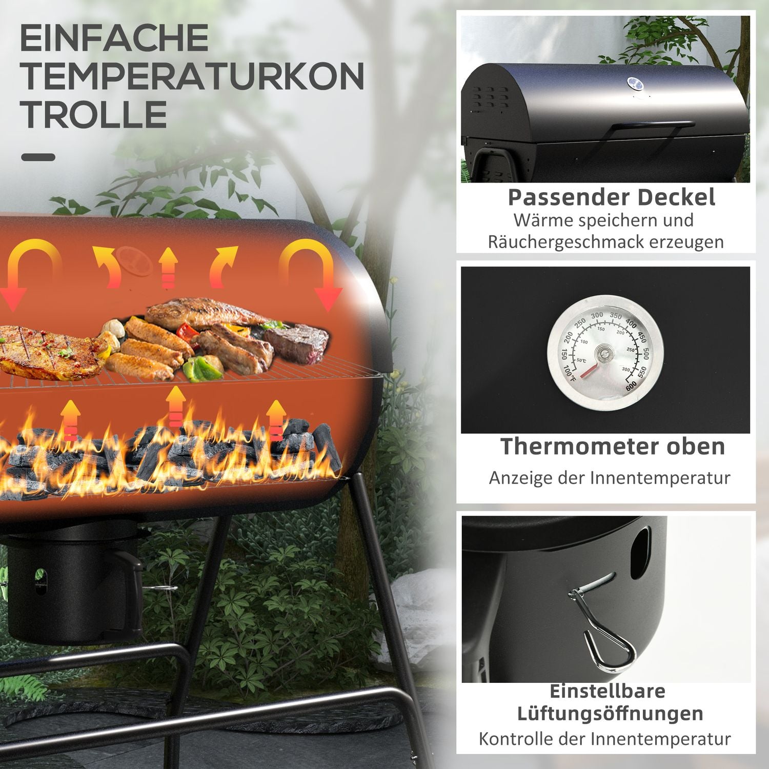 Justerbar kolgrill med termometer och hjul