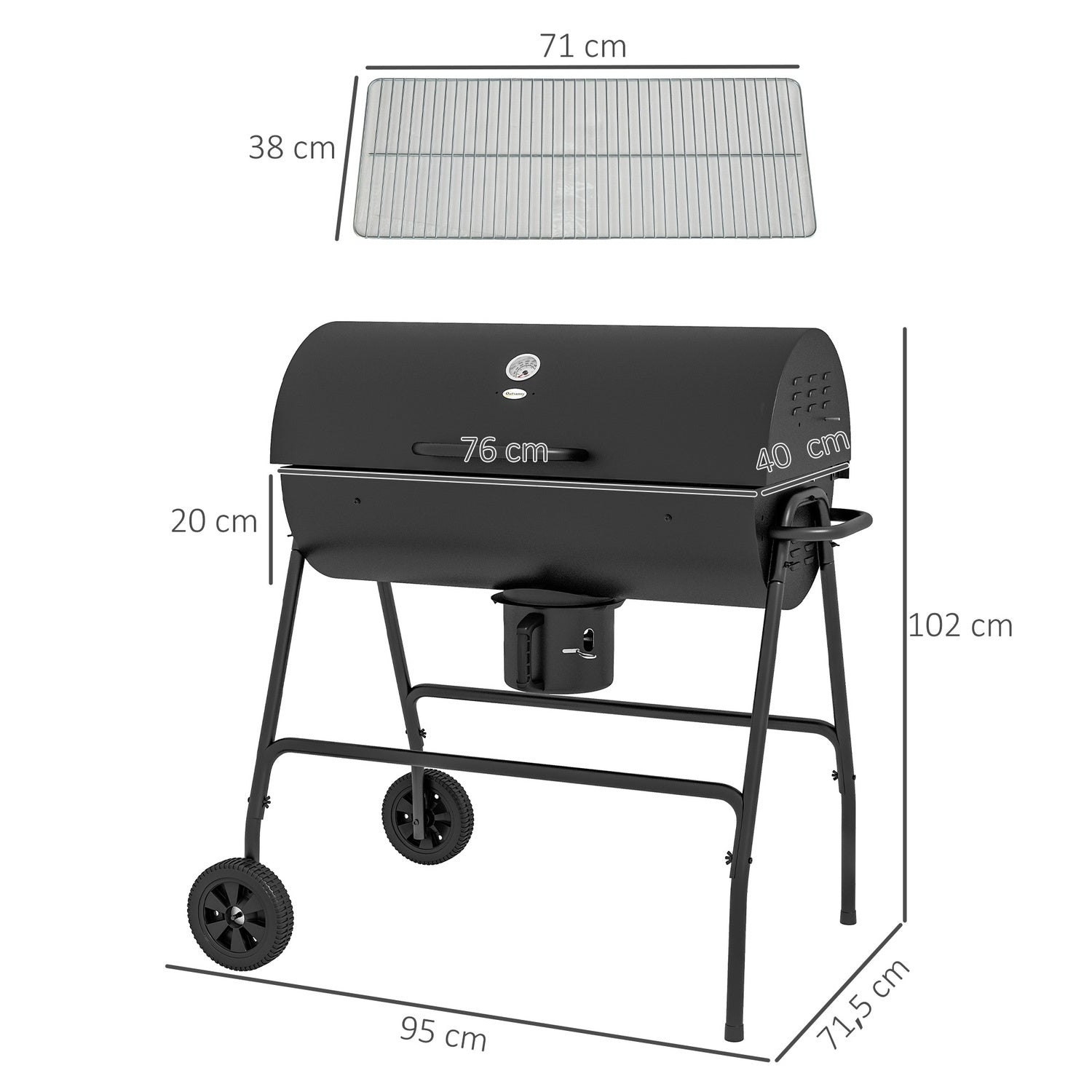 Justerbar kolgrill med termometer och hjul