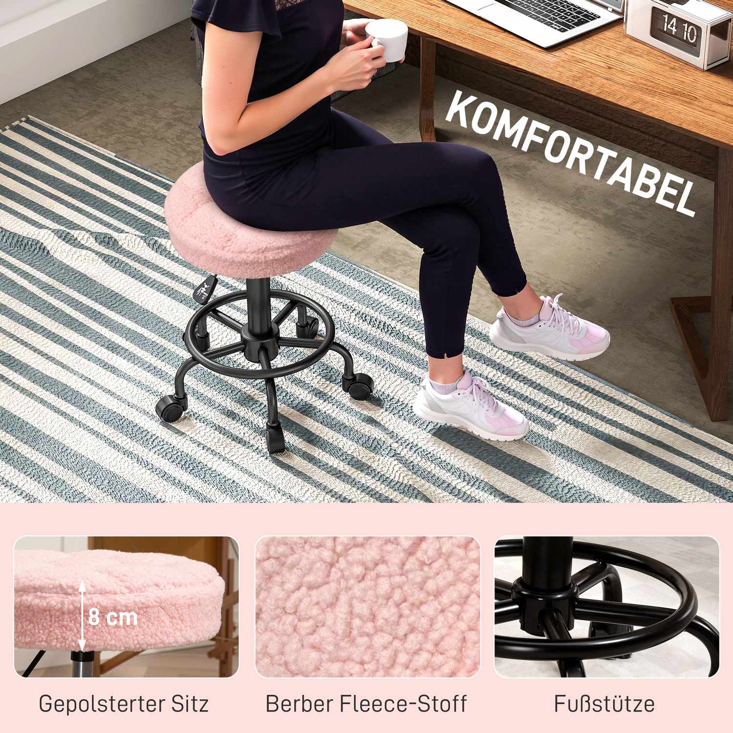 Justerbar rullpall, rosa, 360° vridbar, 50-66 cm höjd