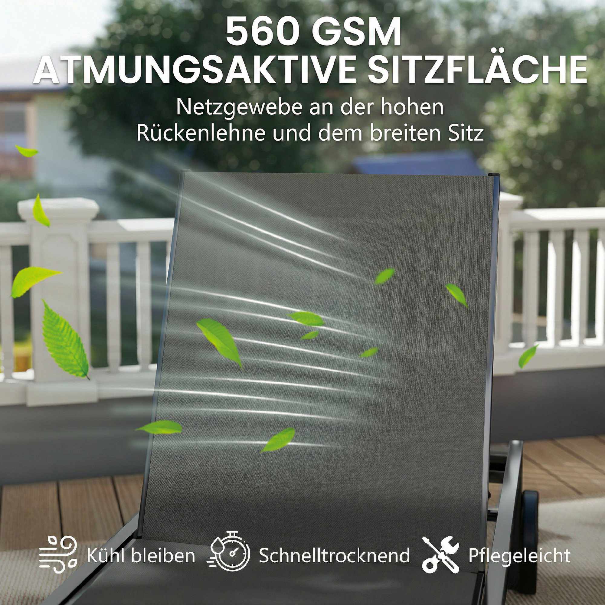 Justerbar solsäng i aluminium med hjul, ventilerande tyg