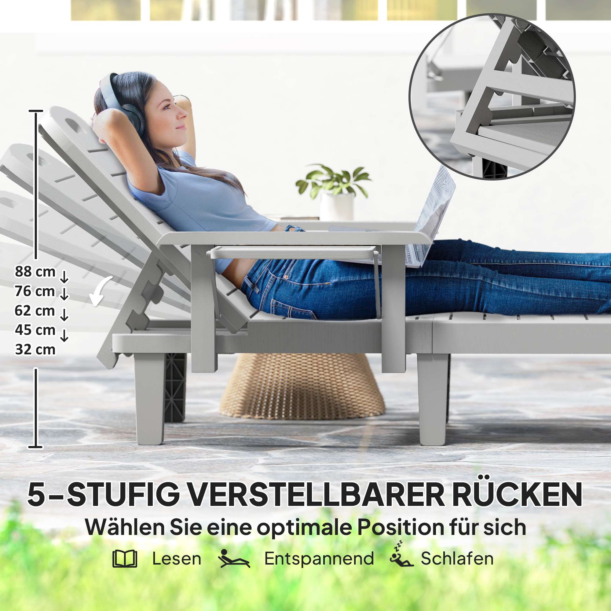 Justerbar solsäng med sidobord, ljusgrå
