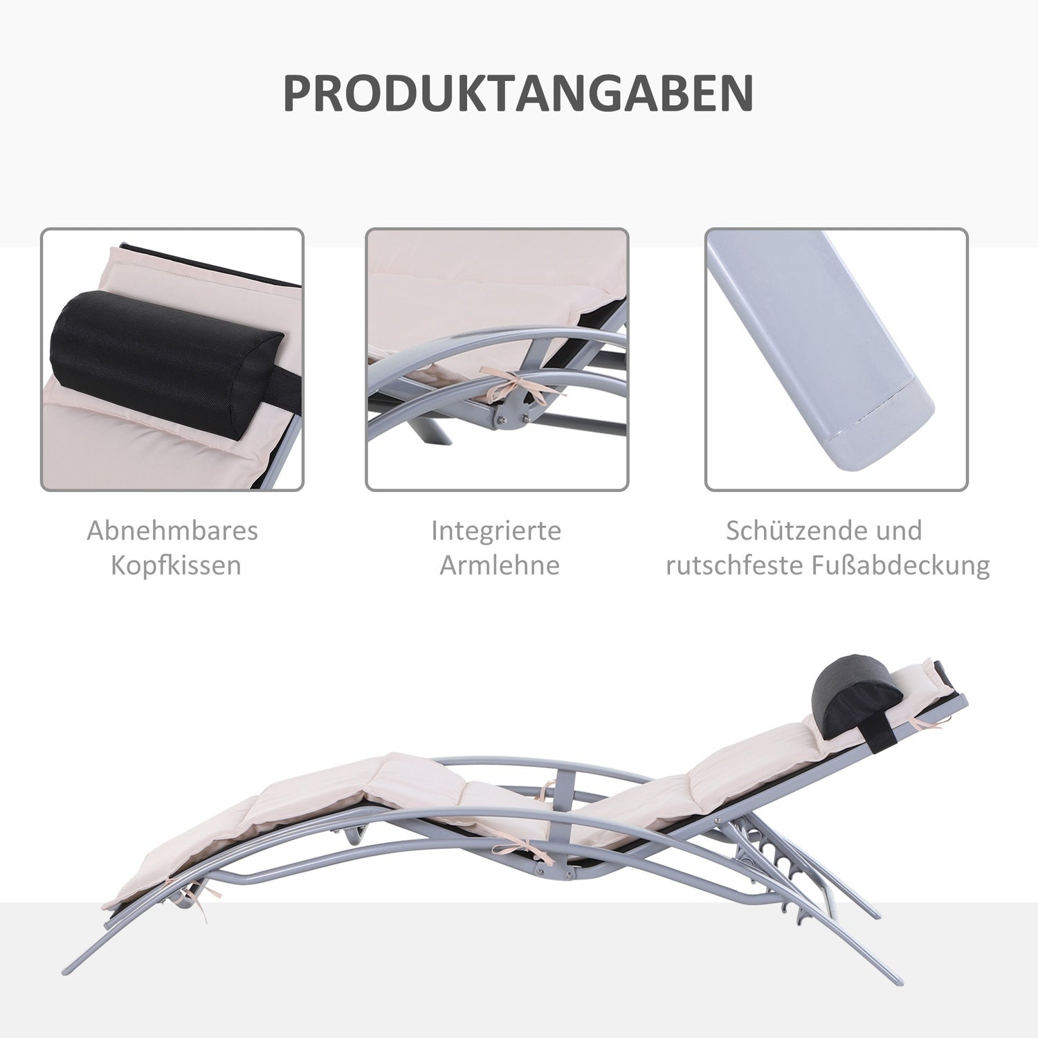 Justerbar solstol i aluminium – Gräddvit, 170x64x82 Cm