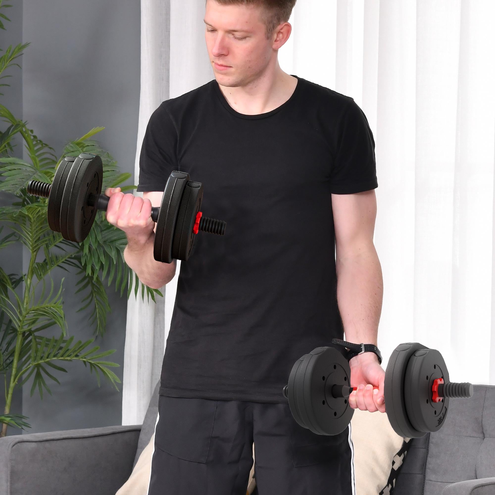 Justerbart 15 kg hantelset, kan omvandlas till skivstång, svart