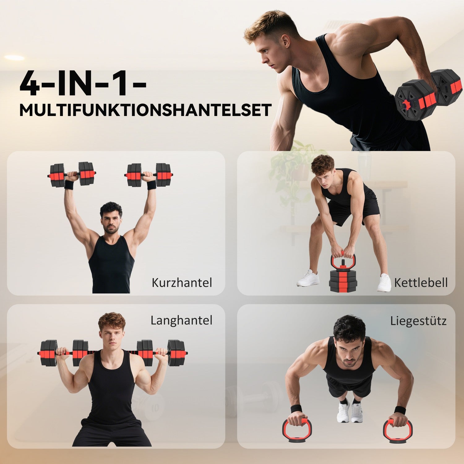 Justerbart 4-i-1-hantelset, 25 kg för hemmaträning