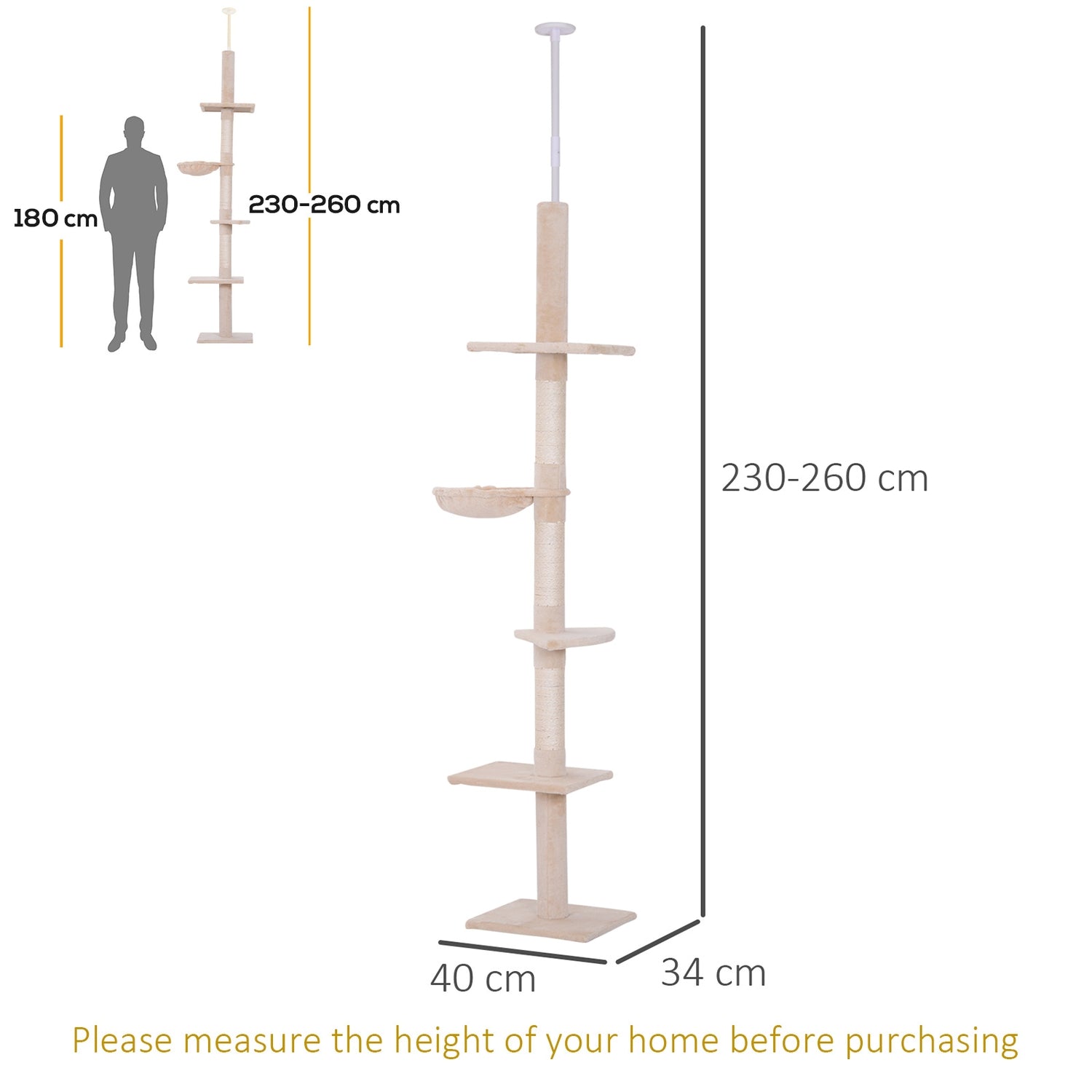 Justerbart beige katttorn med sisal för klättring, 230-260cm