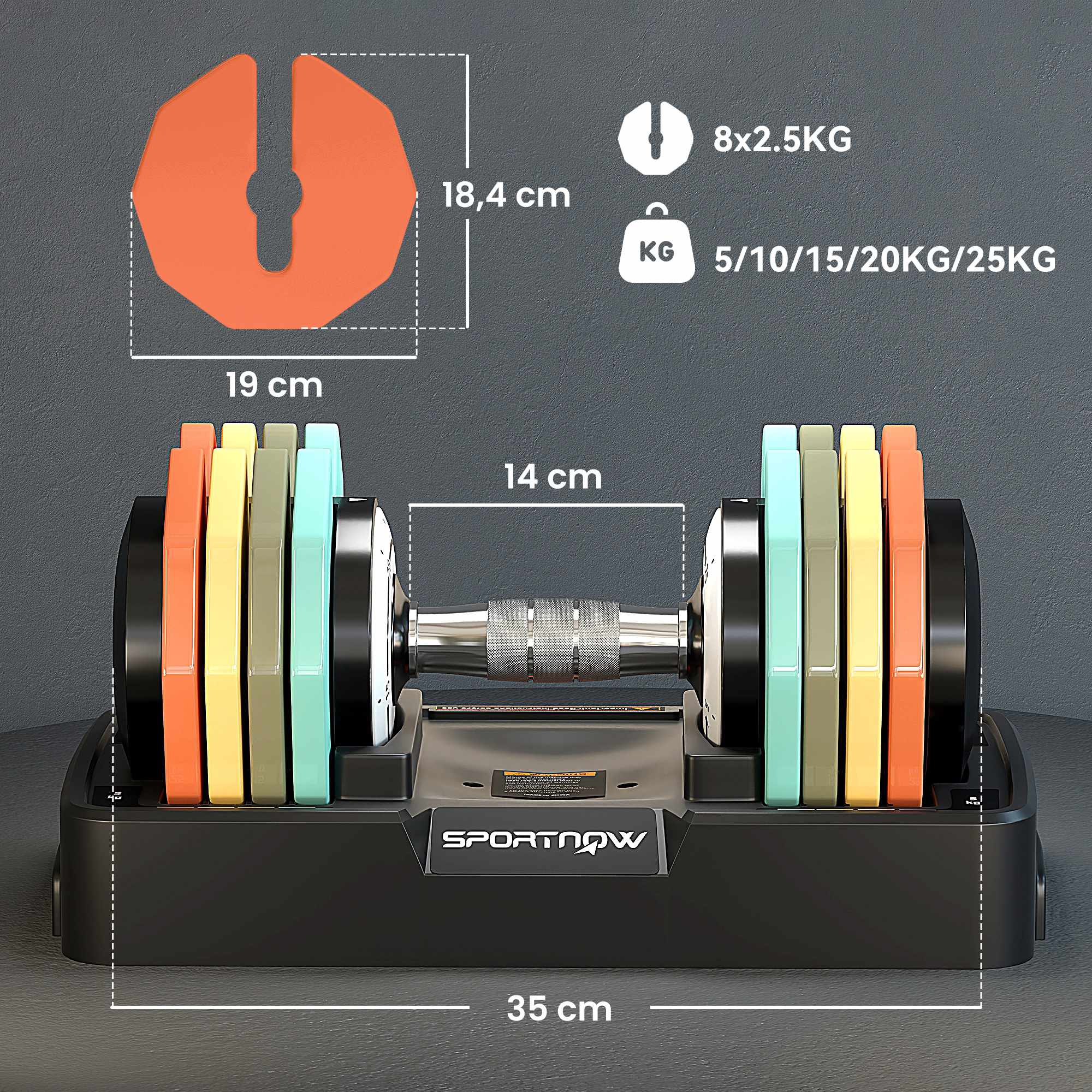 Justerbart hantelset, 5-25 kg, halkfritt grepp