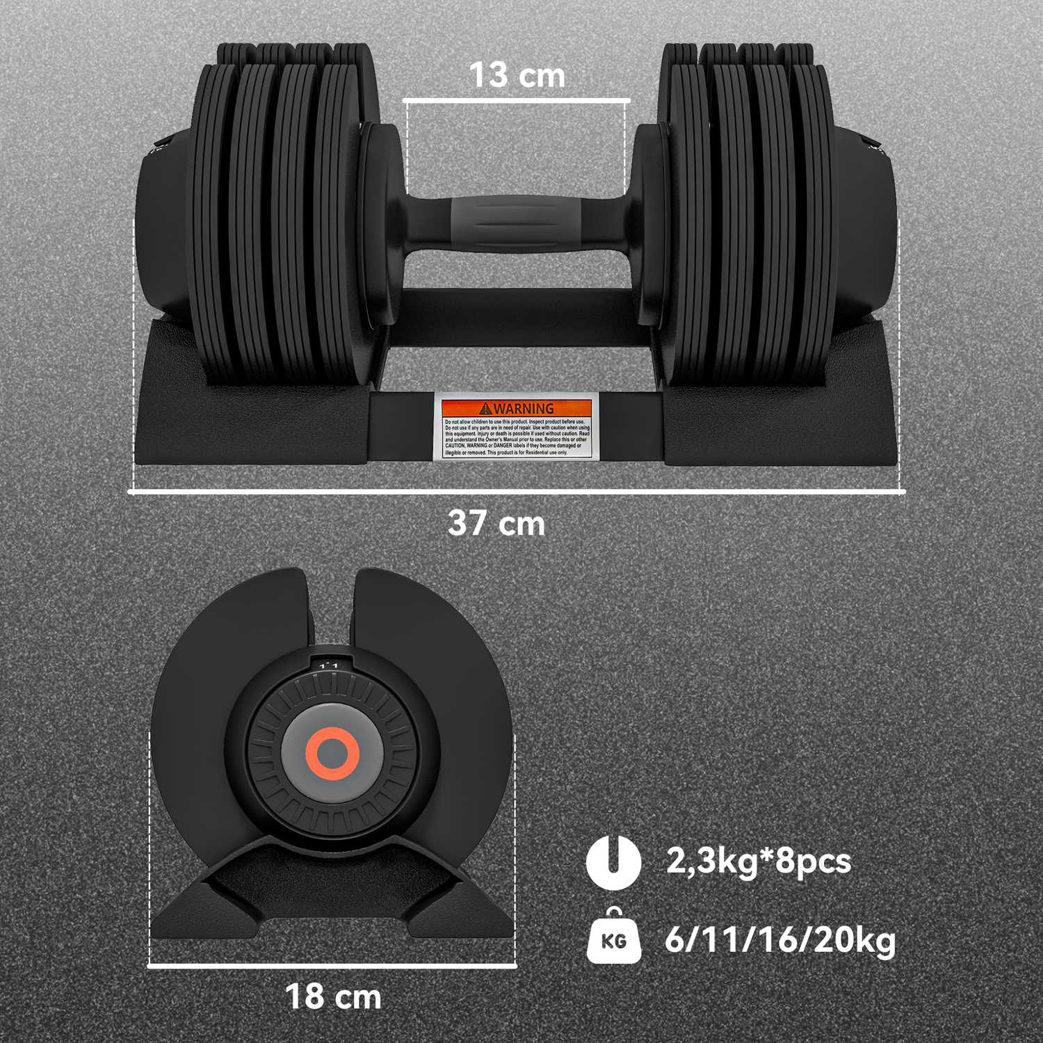 Justerbart hantelset, 6–20 kg med halkfritt grepp