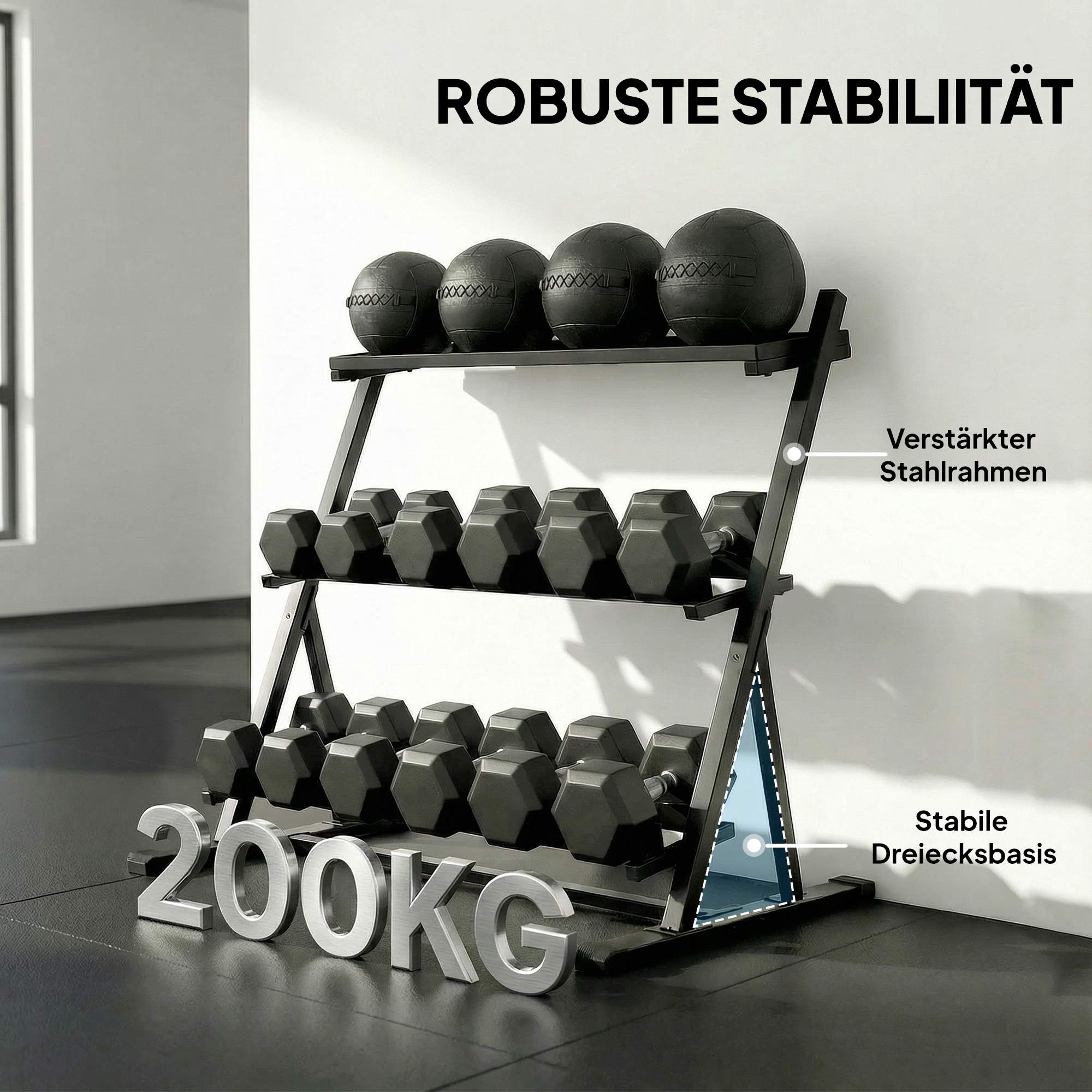 Justerbart hantelställ med 3 nivåer, 200 kg kapacitet, halkfri