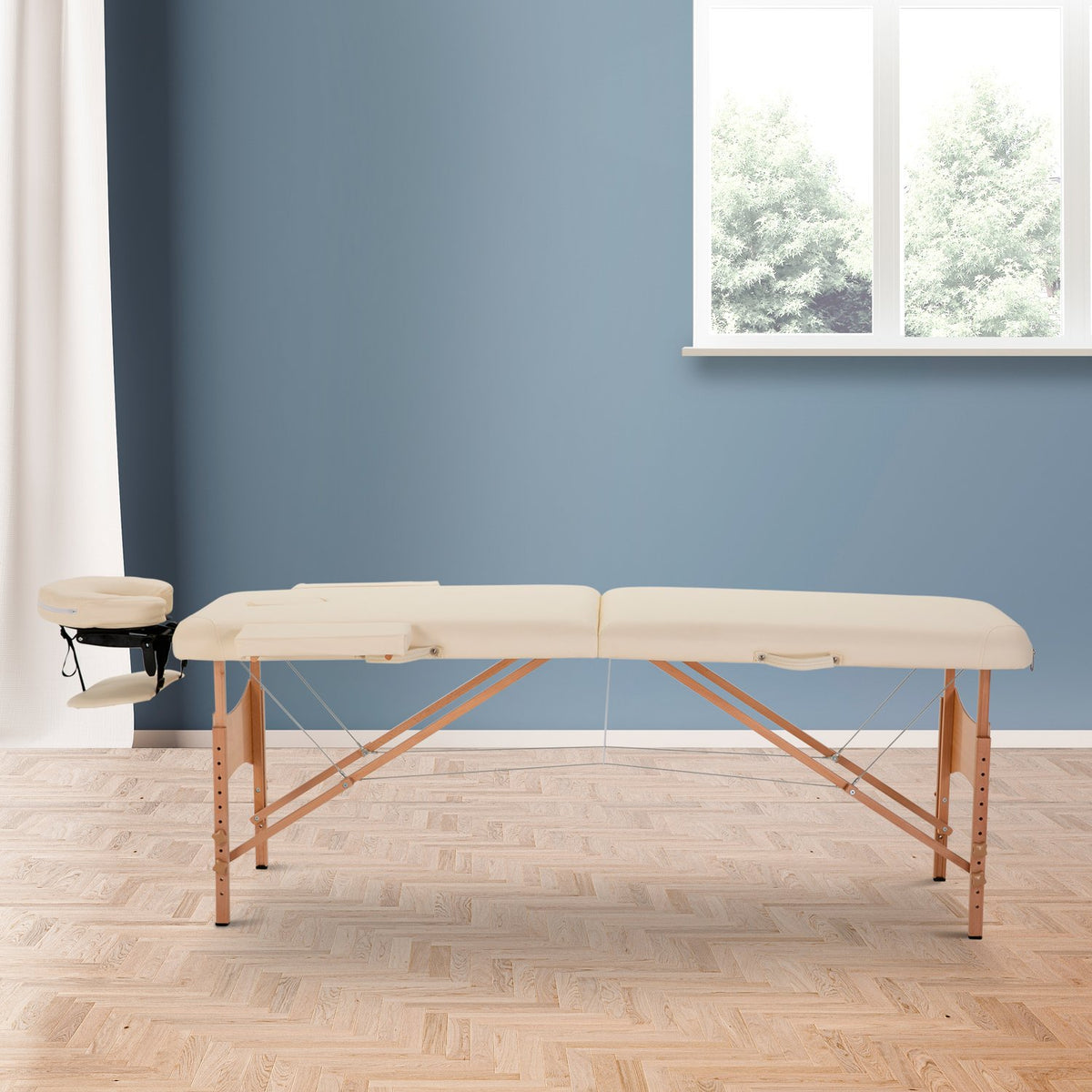 Table de massage pliante réglable, bois, similicuir, crème