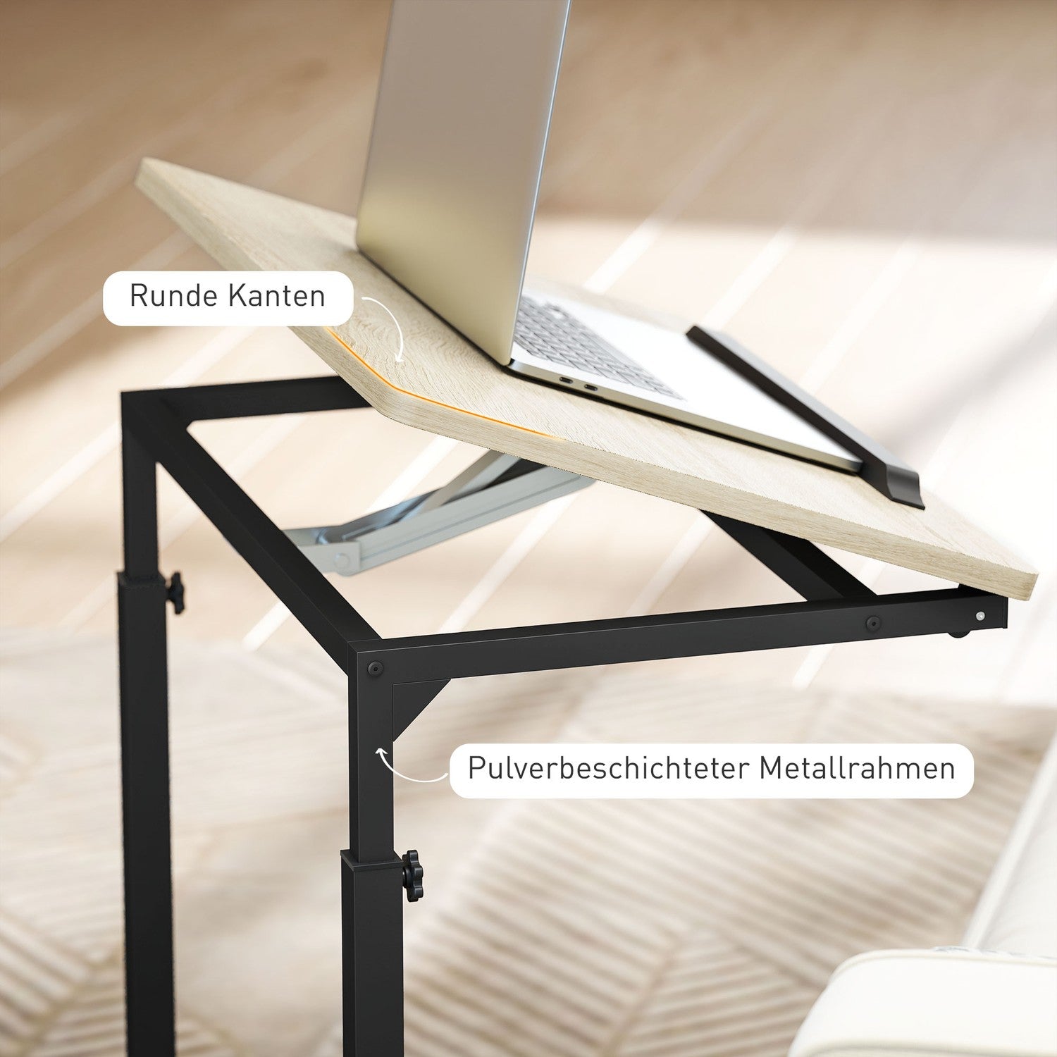 Justerbart sidobord med hjul, metallram, tippbart