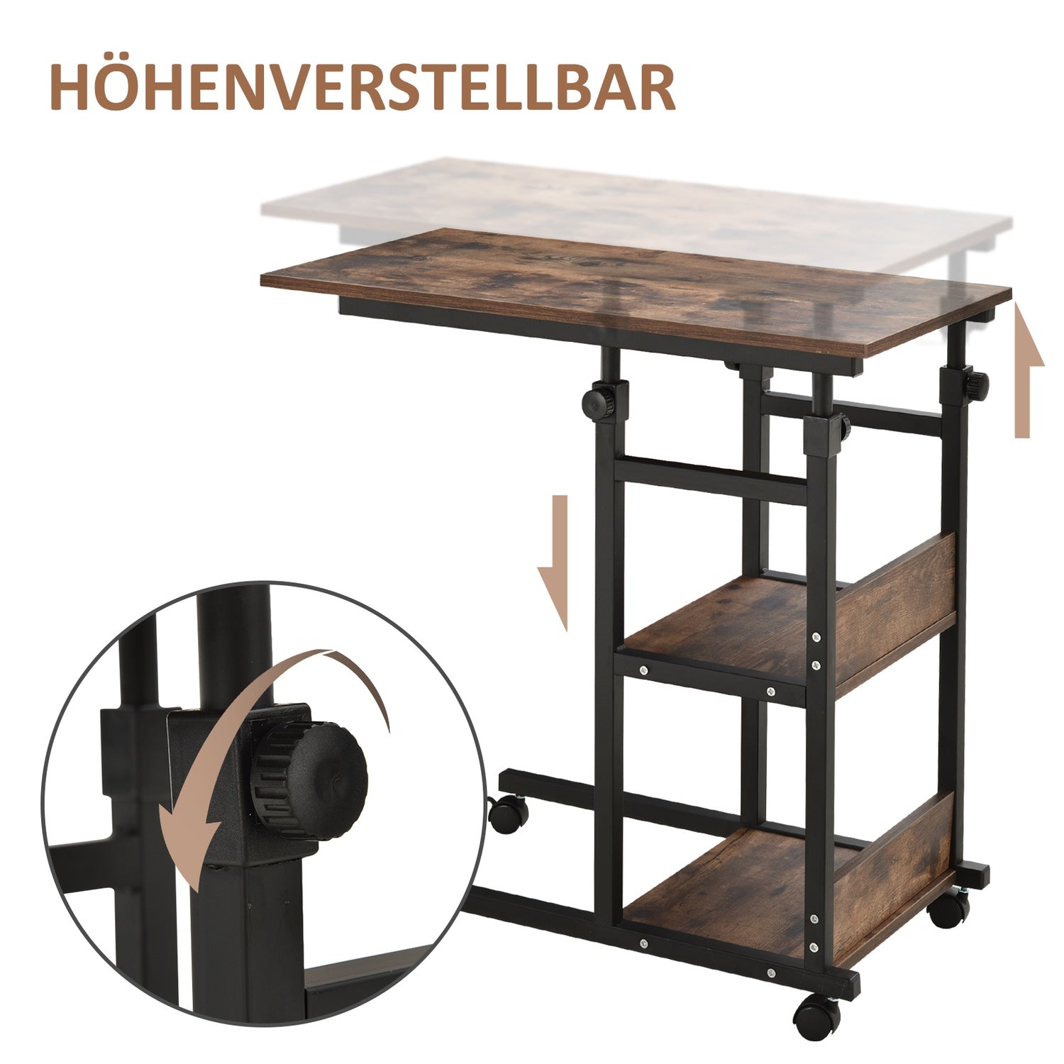 Justerbart soffbord i svart metall med hjul & 2 hyllor