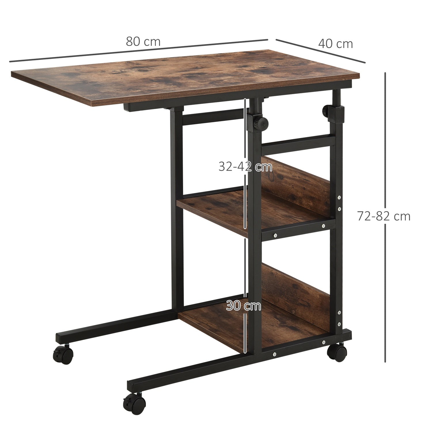 Justerbart soffbord i svart metall med hjul & 2 hyllor