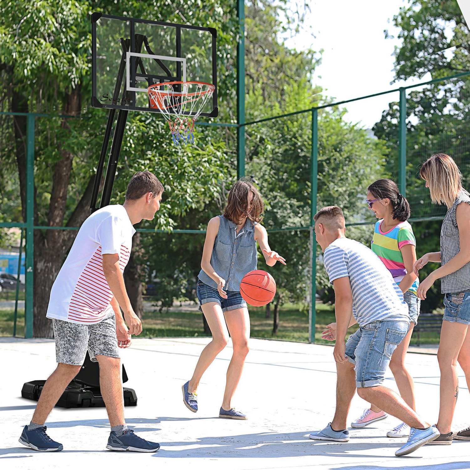 Justerbart stålbasketställ, 293-350 cm, med hjul