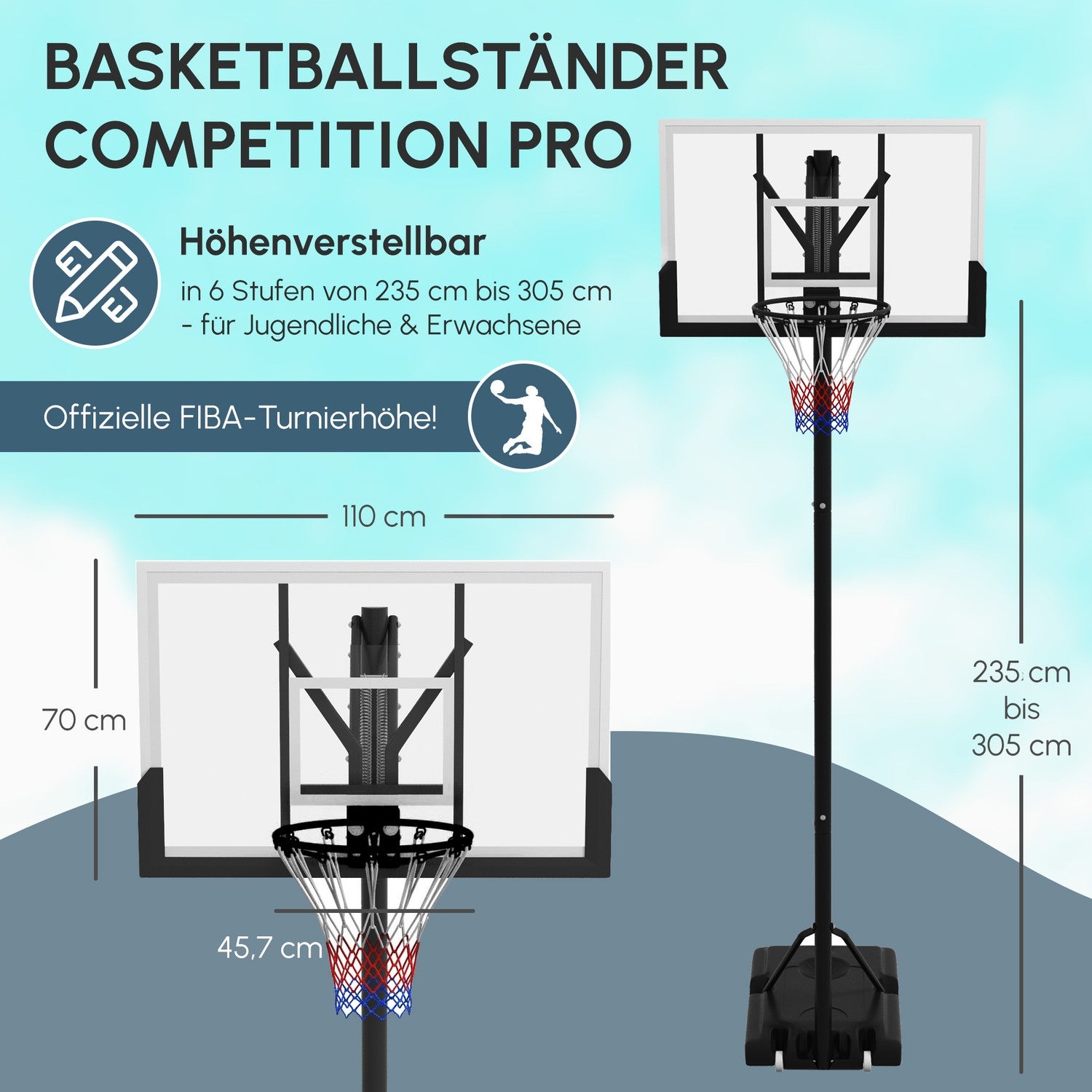 Justerbar utomhusbasketbåge med stativ och hjul