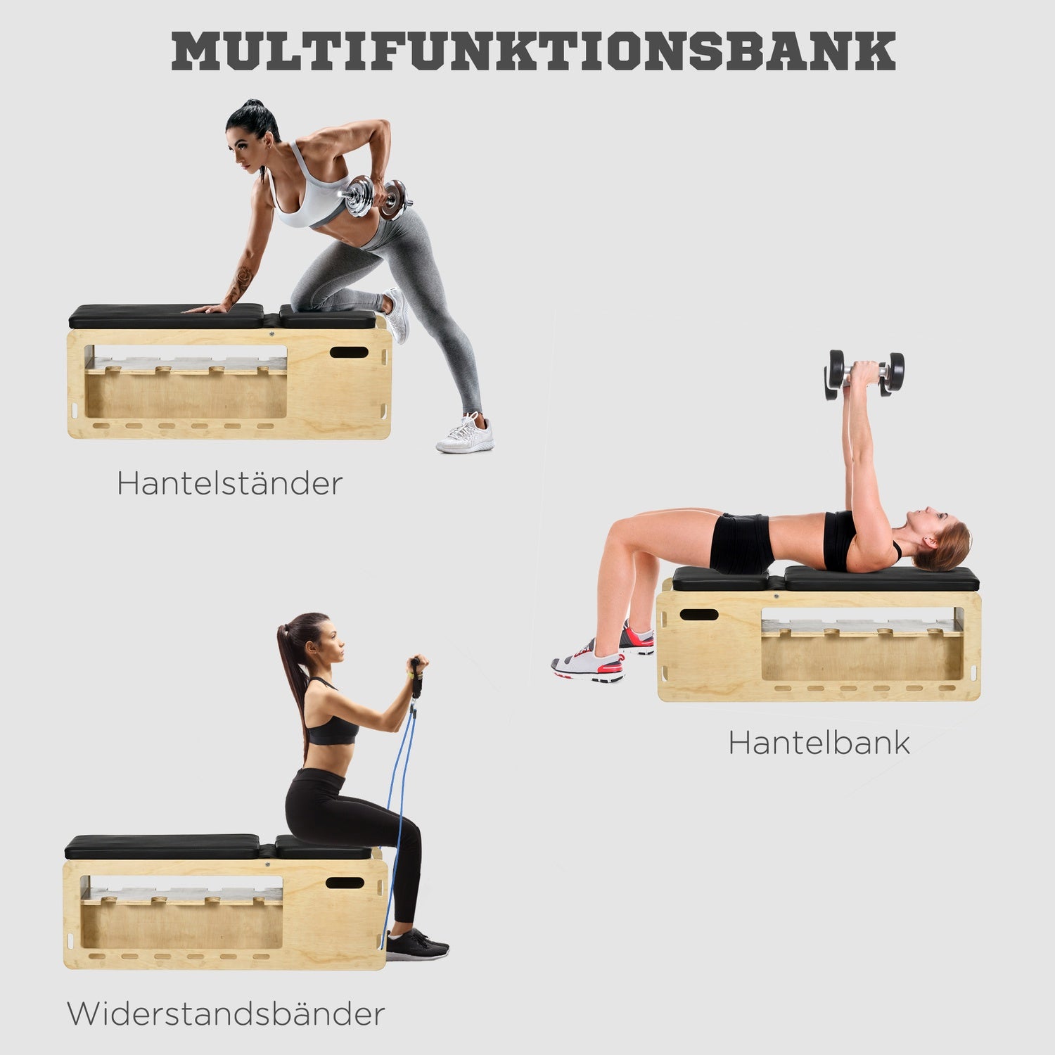 Justerbar viktbänk med förvaringsbox, motståndsband