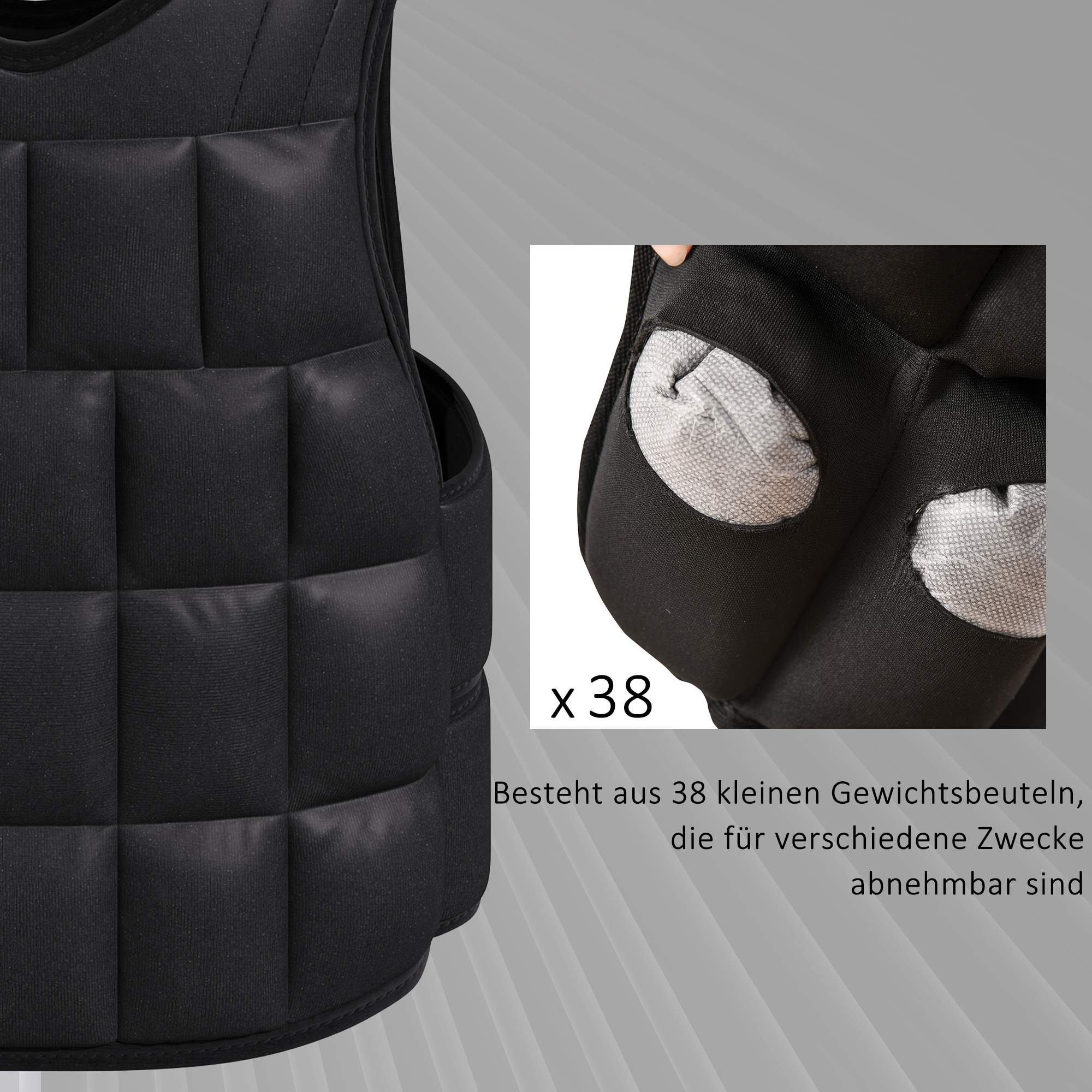 Justerbar viktväst på 20 kg, avtagbara vikter, svart