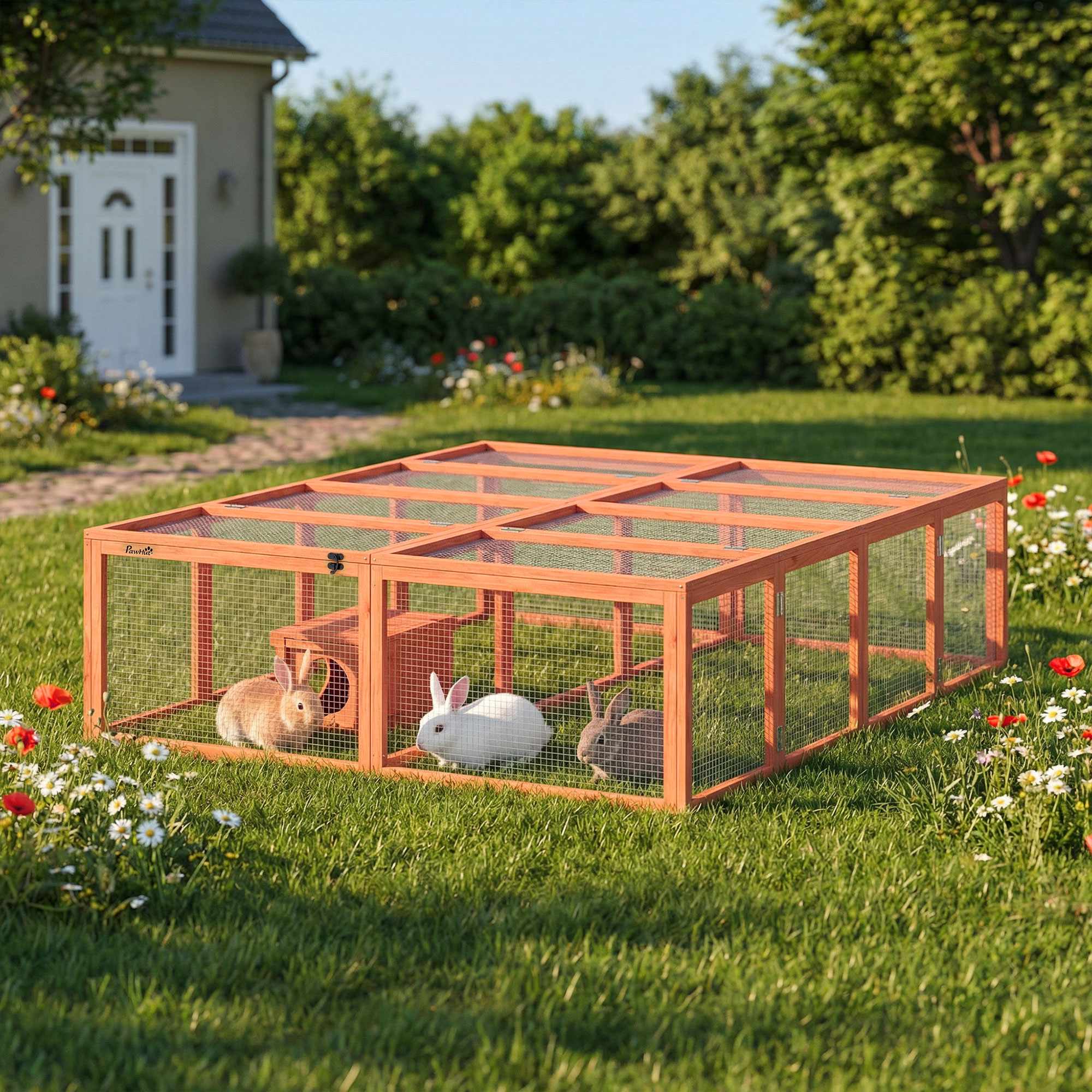 Kaninbur med stor gård, modulär design, trä
