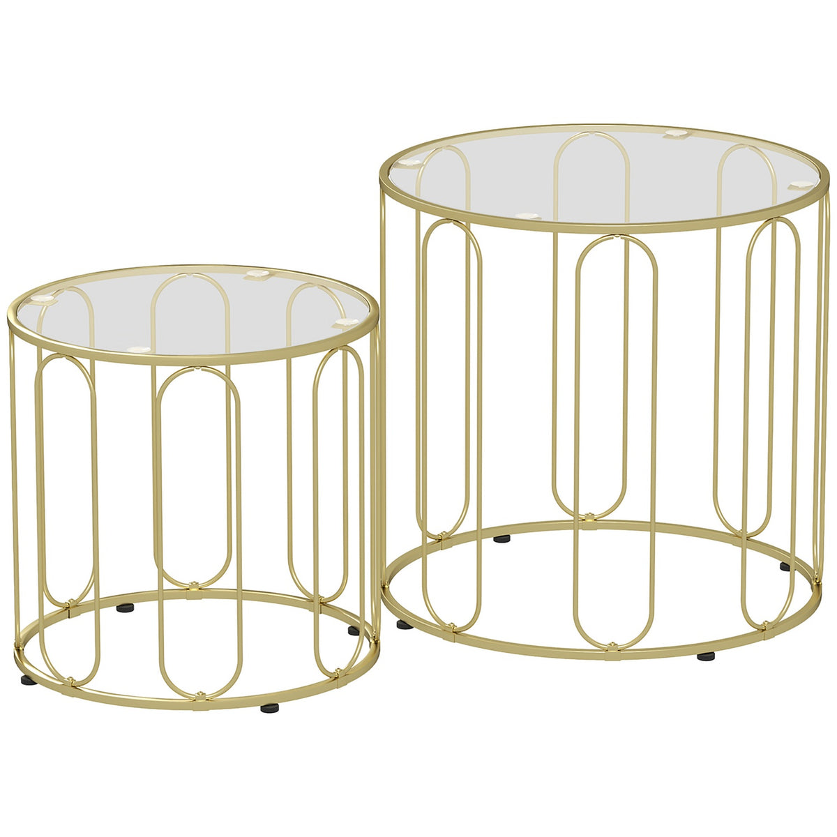 Kapslade runda soffbord, metallram, glasskiva
