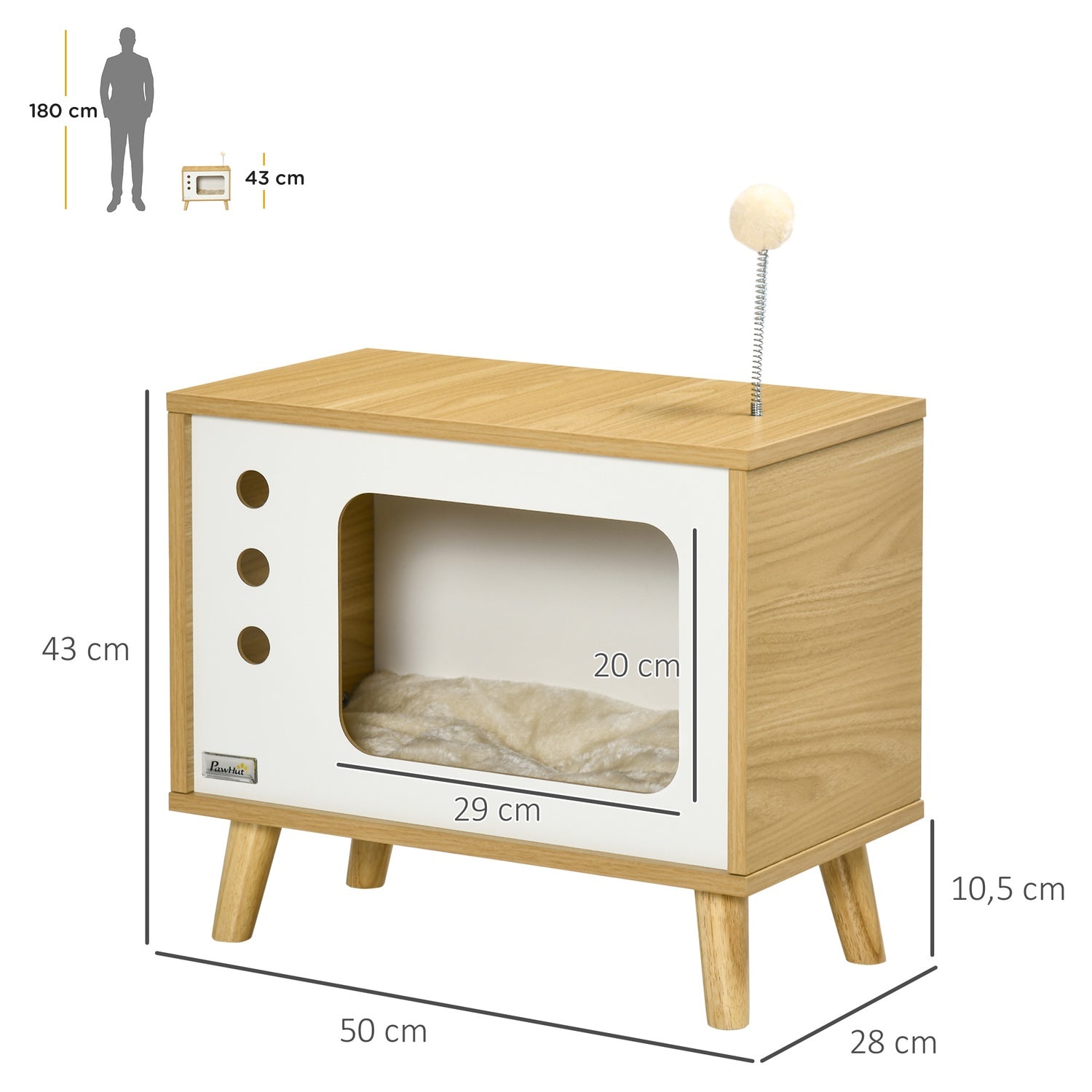 Katthus med lekboll & kudde, ek/beige/vit 50x28x43 cm