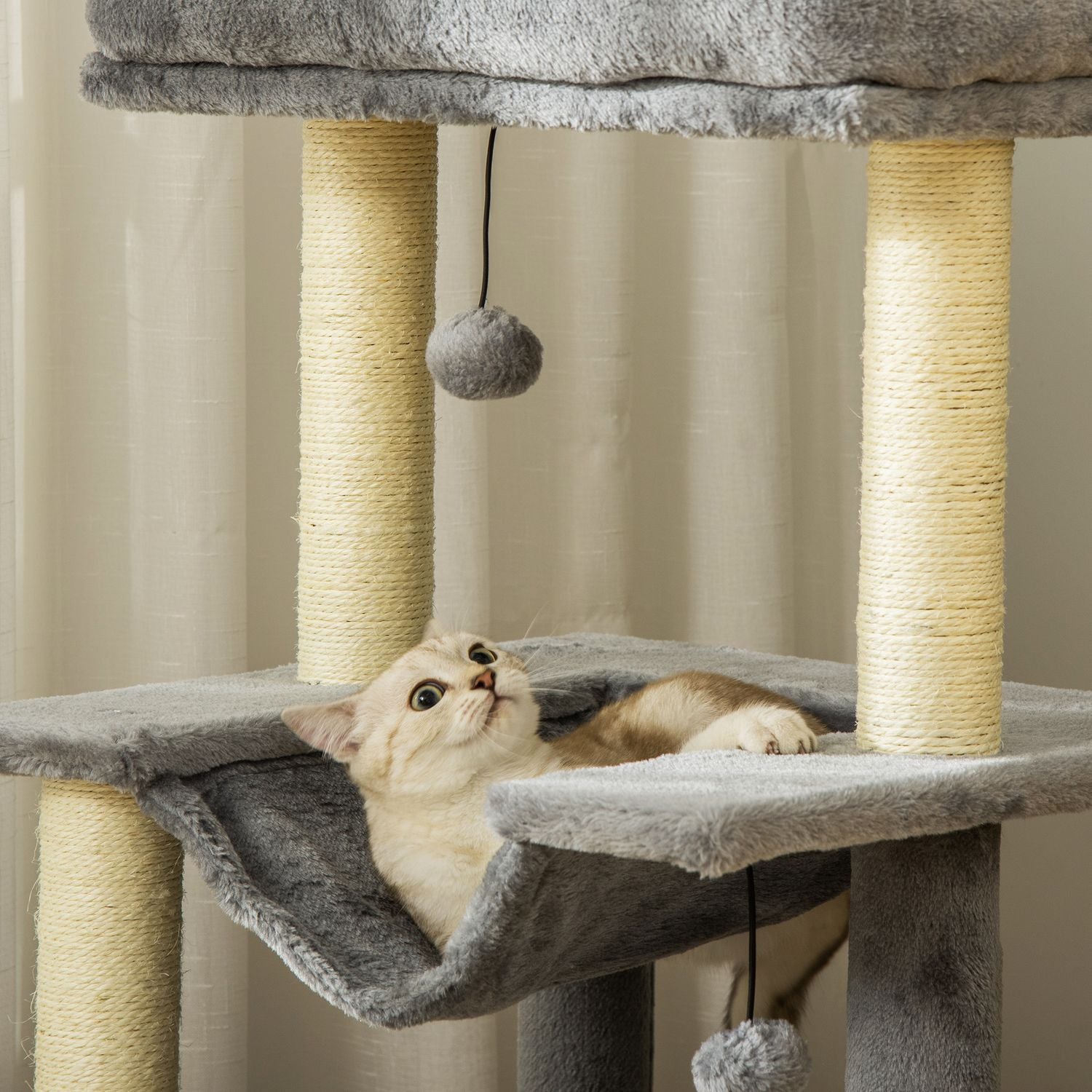 Kattklätterträd med hängmatta, plysch sisal, 90 cm, grå