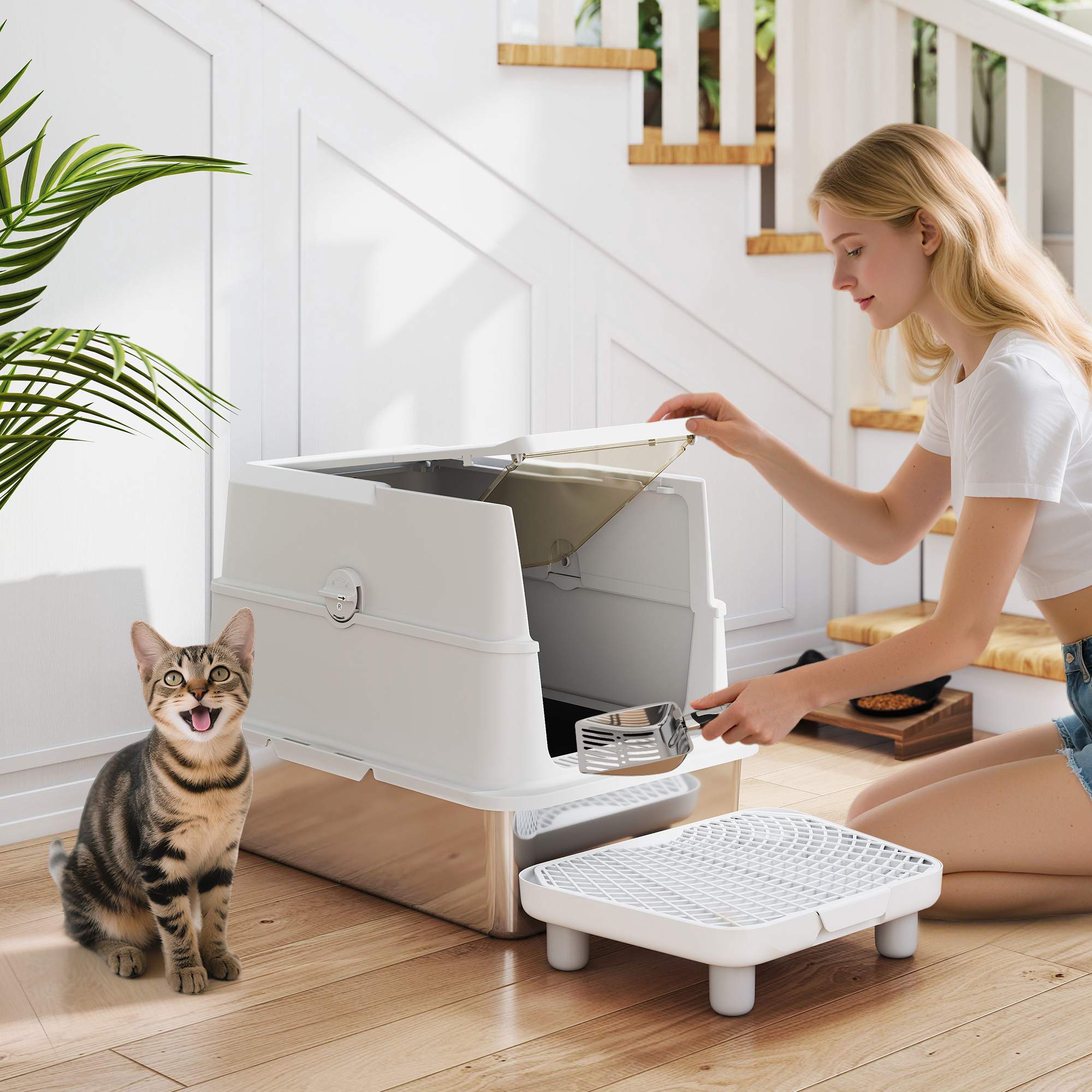 Kattlåda, XL sluten i rostfritt stål, skopa, grå
